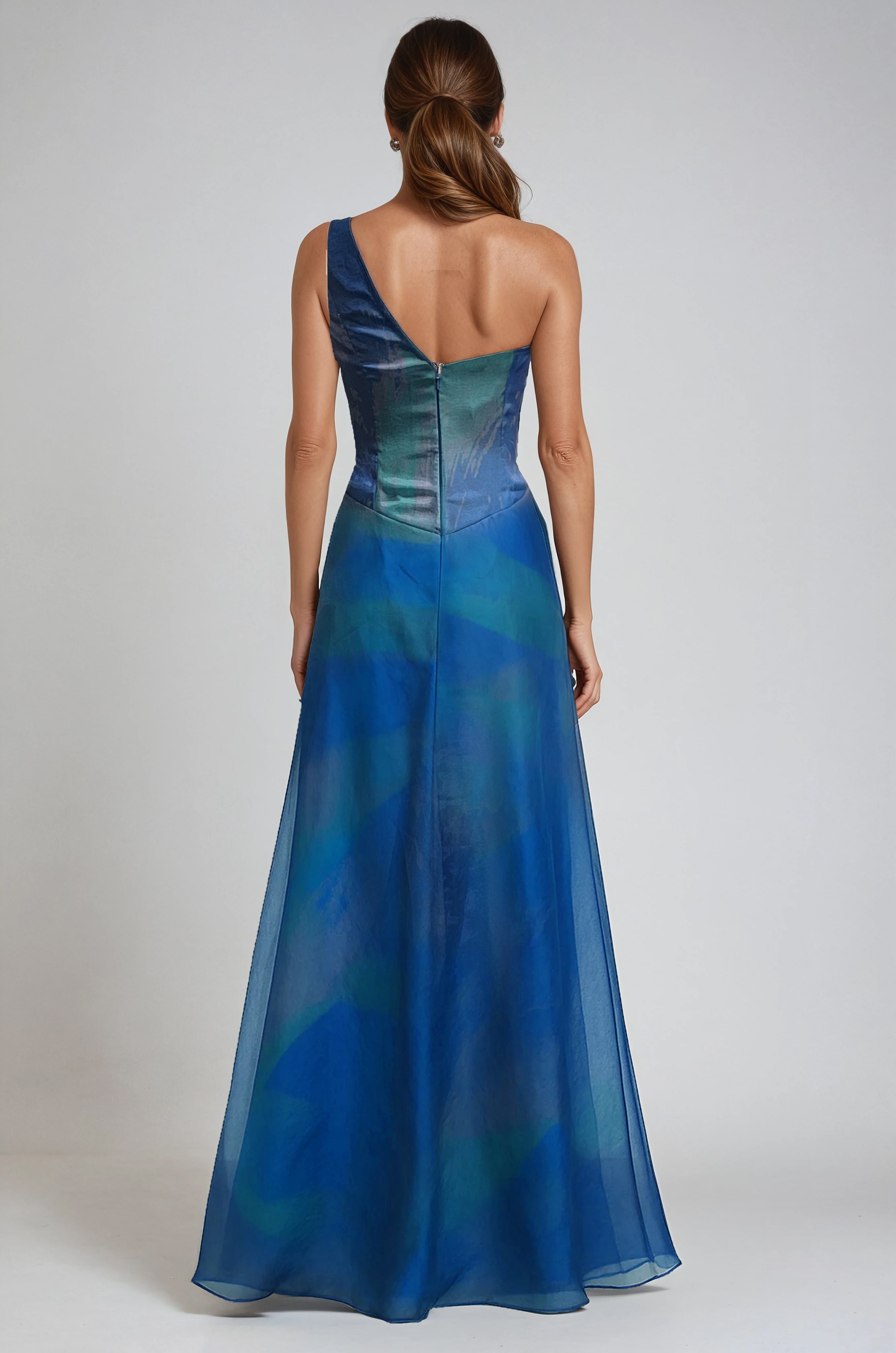 One Shoulder Printed Organza A-Line Gown Gown Rene Ruiz Collection
