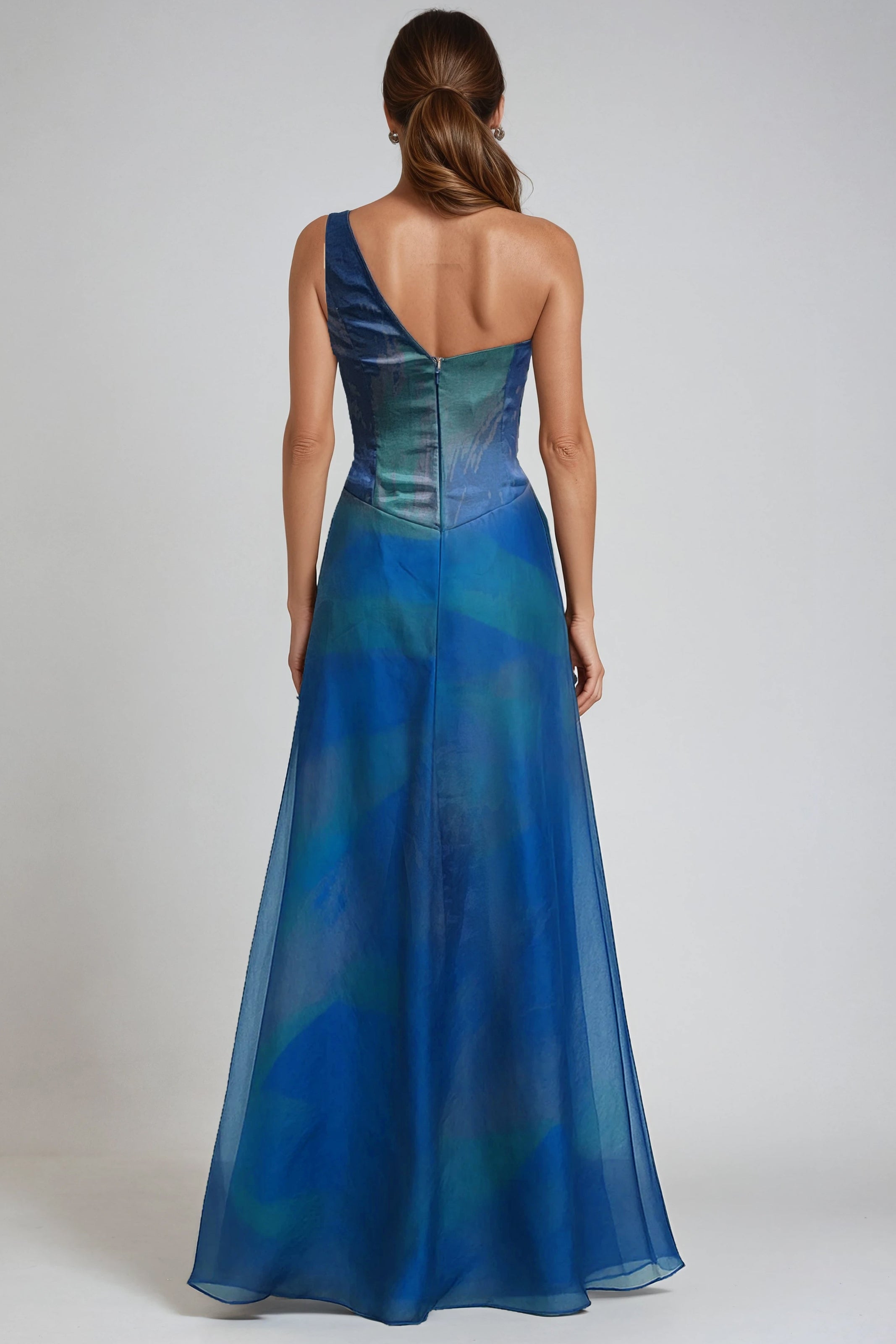 One Shoulder Printed Organza A-Line Gown Gown Rene Ruiz Collection