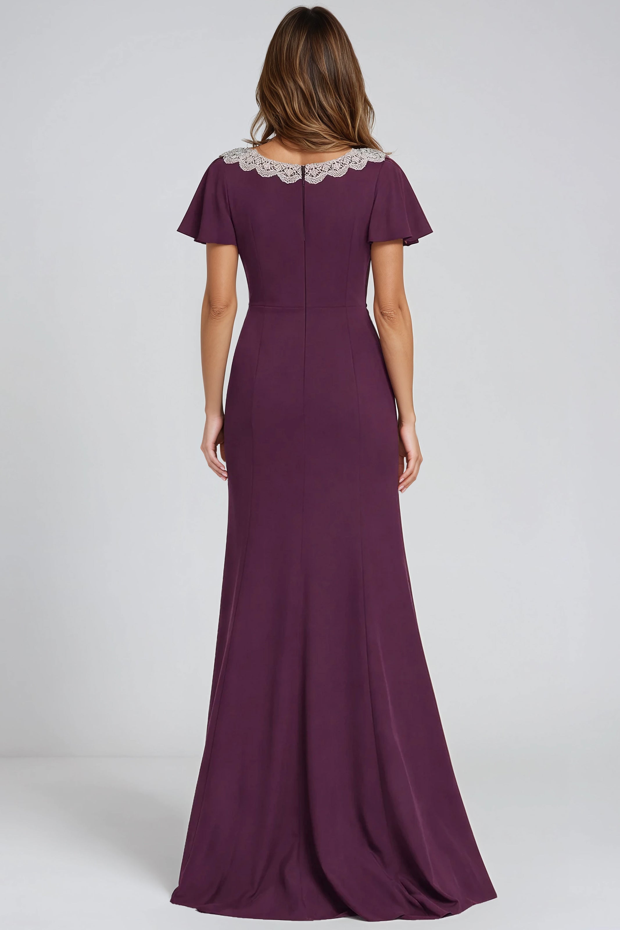 Crepe Flutter Sleeve Beaded Collar Gown Gown Rene Ruiz Collection