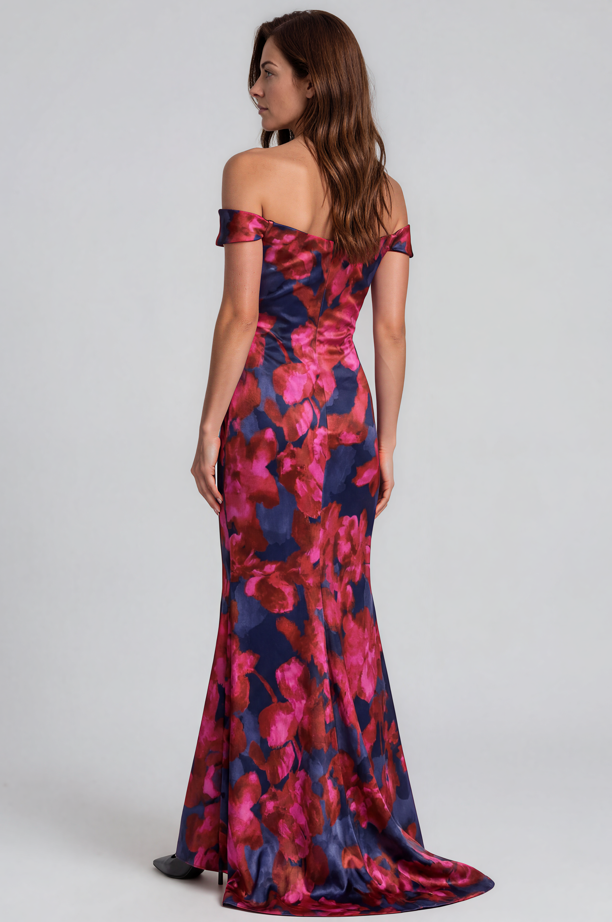 Off The Shoulder Floral Scuba Stretch Fit And Flare Gown Gown Rene Ruiz Collection
