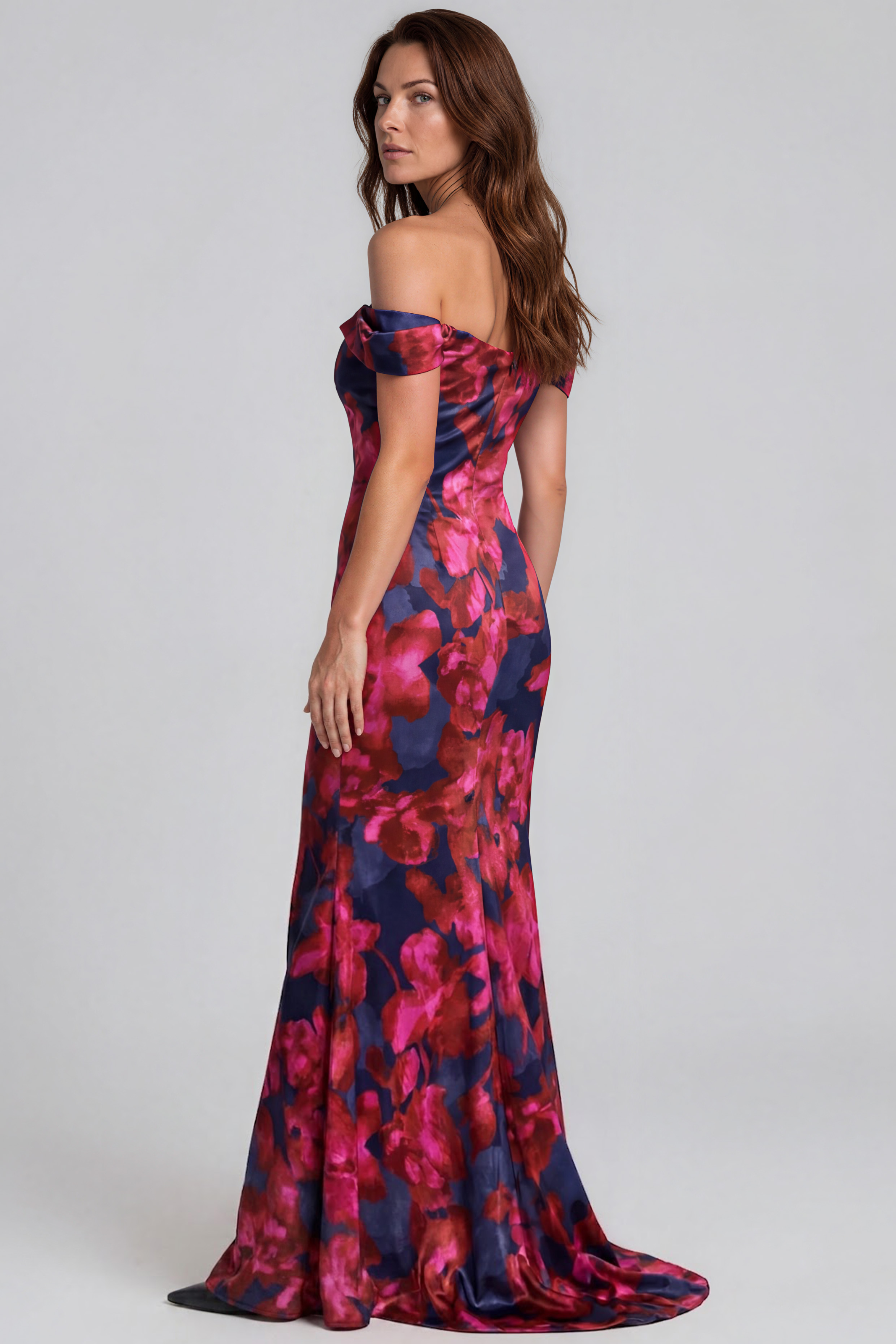 Off The Shoulder Floral Scuba Stretch Fit And Flare Gown Gown Rene Ruiz Collection