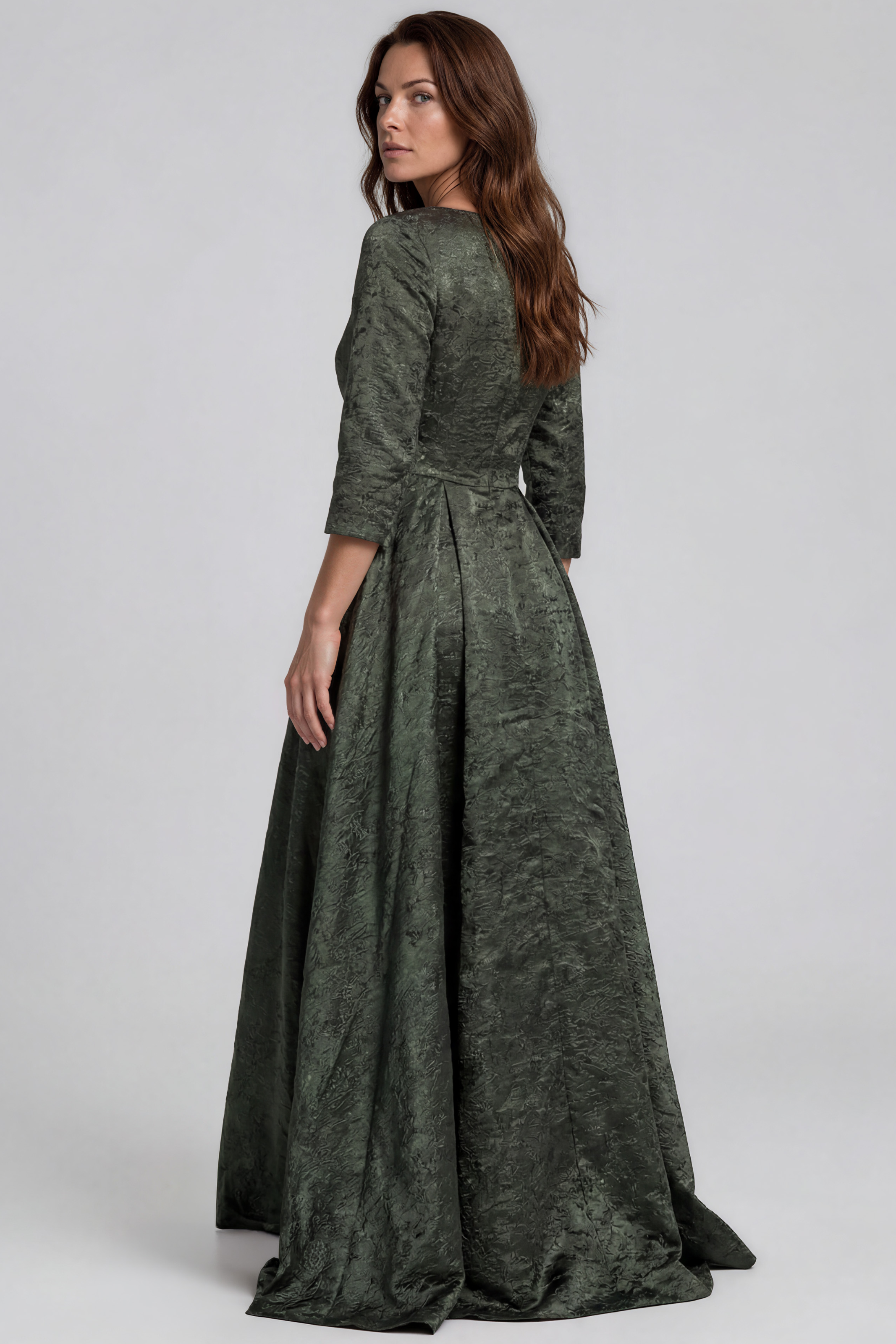 3/4 Sleeves V-Neck Jacquard A-Line Gown Gown Rene Ruiz Collection