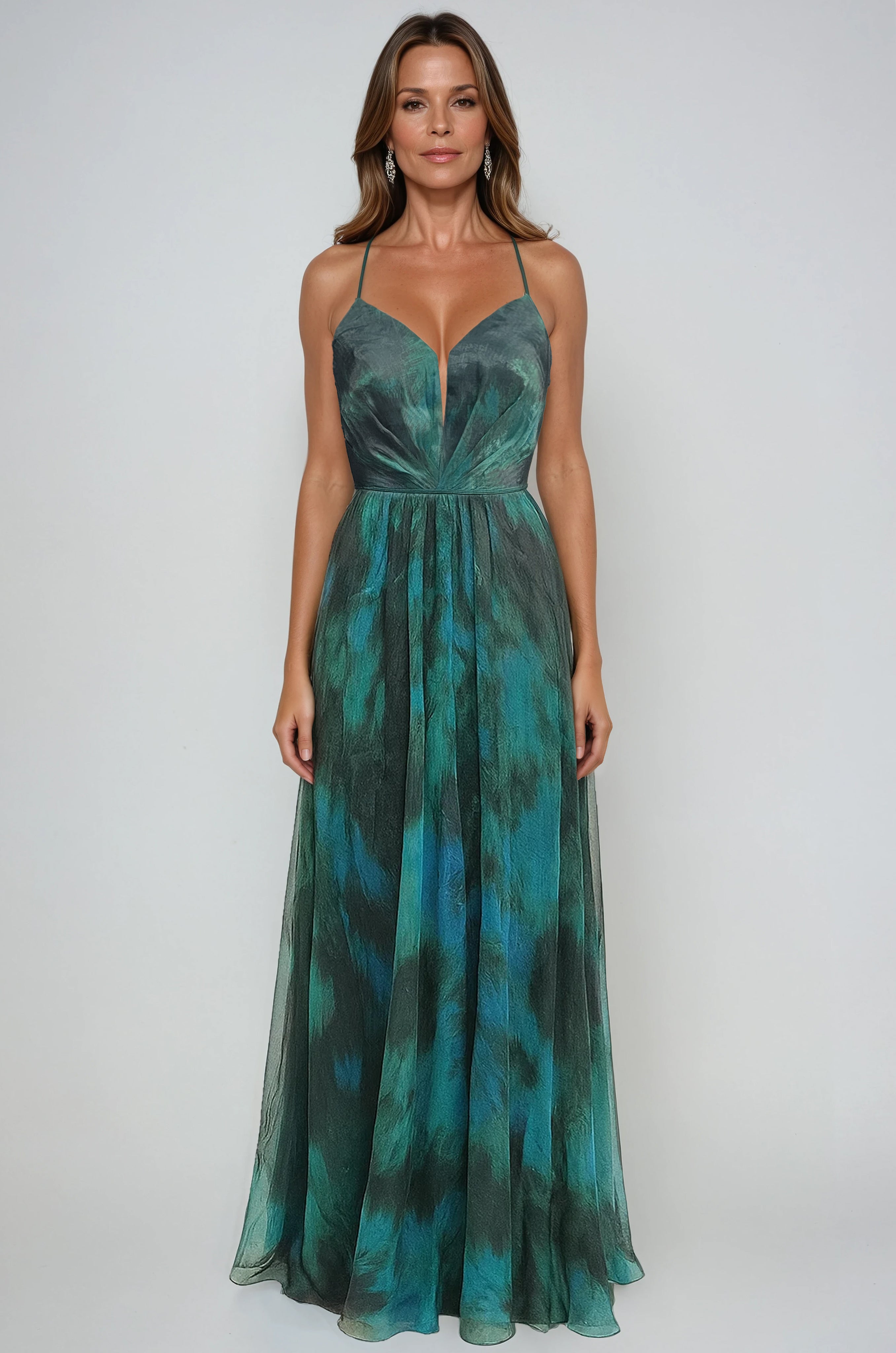 Plunging V-Neck Printed Chiffon A-Line Gown Gown Rene Ruiz Collection