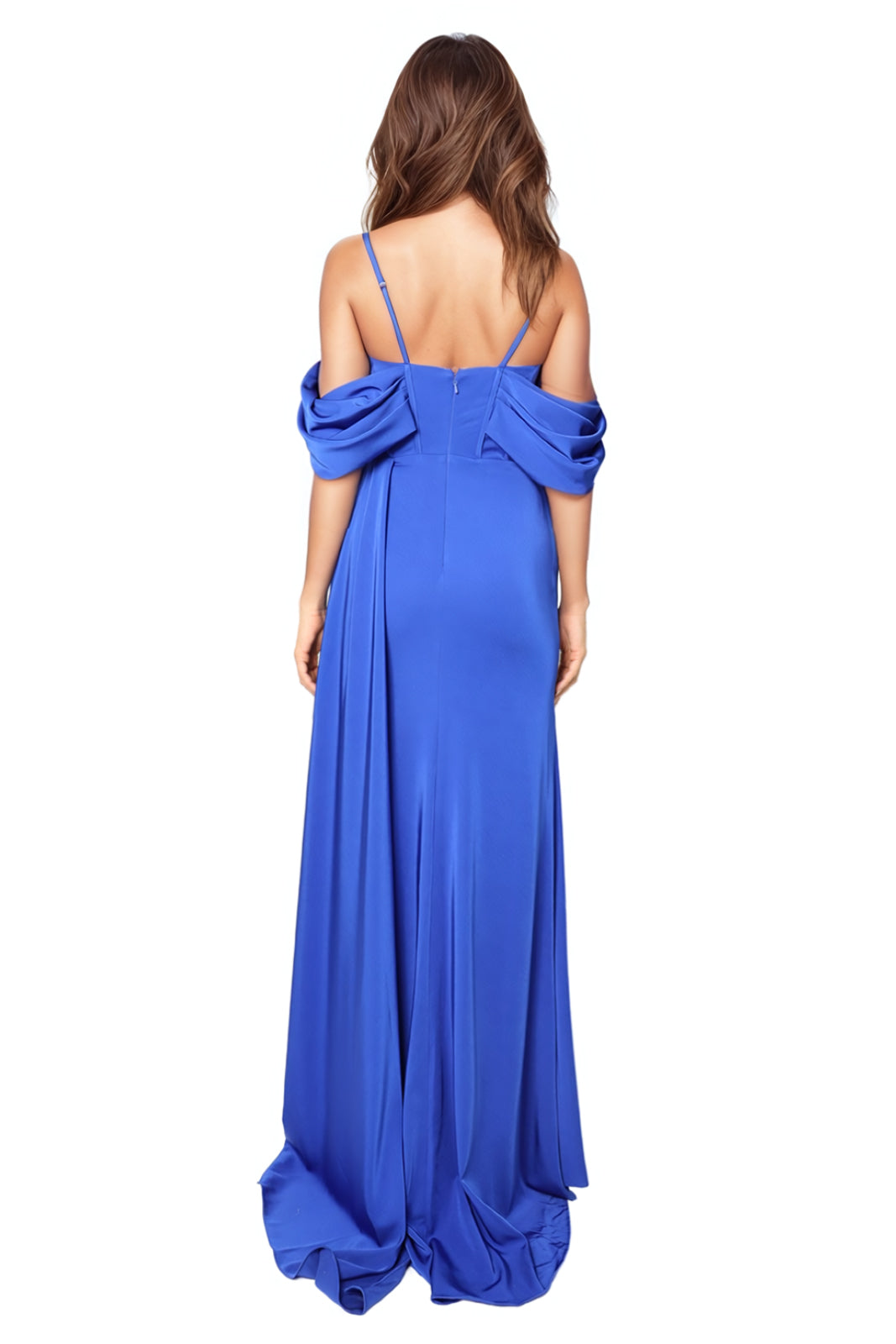 Off The Shoulder Ruched Satin Fit and Flare Gown Gown Rene Ruiz Collection