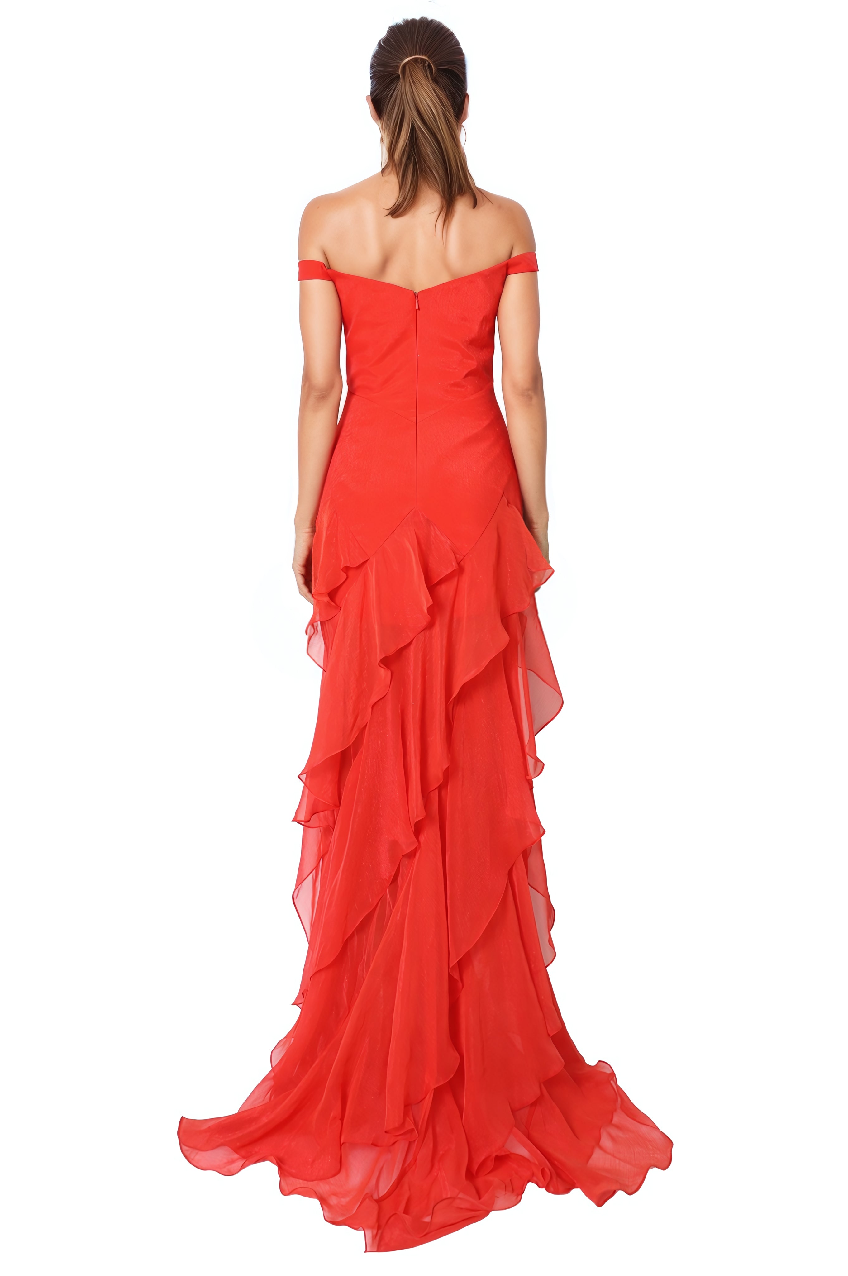 Off The Shoulder Tiered Chiffon Gown Gown Rene Ruiz Collection