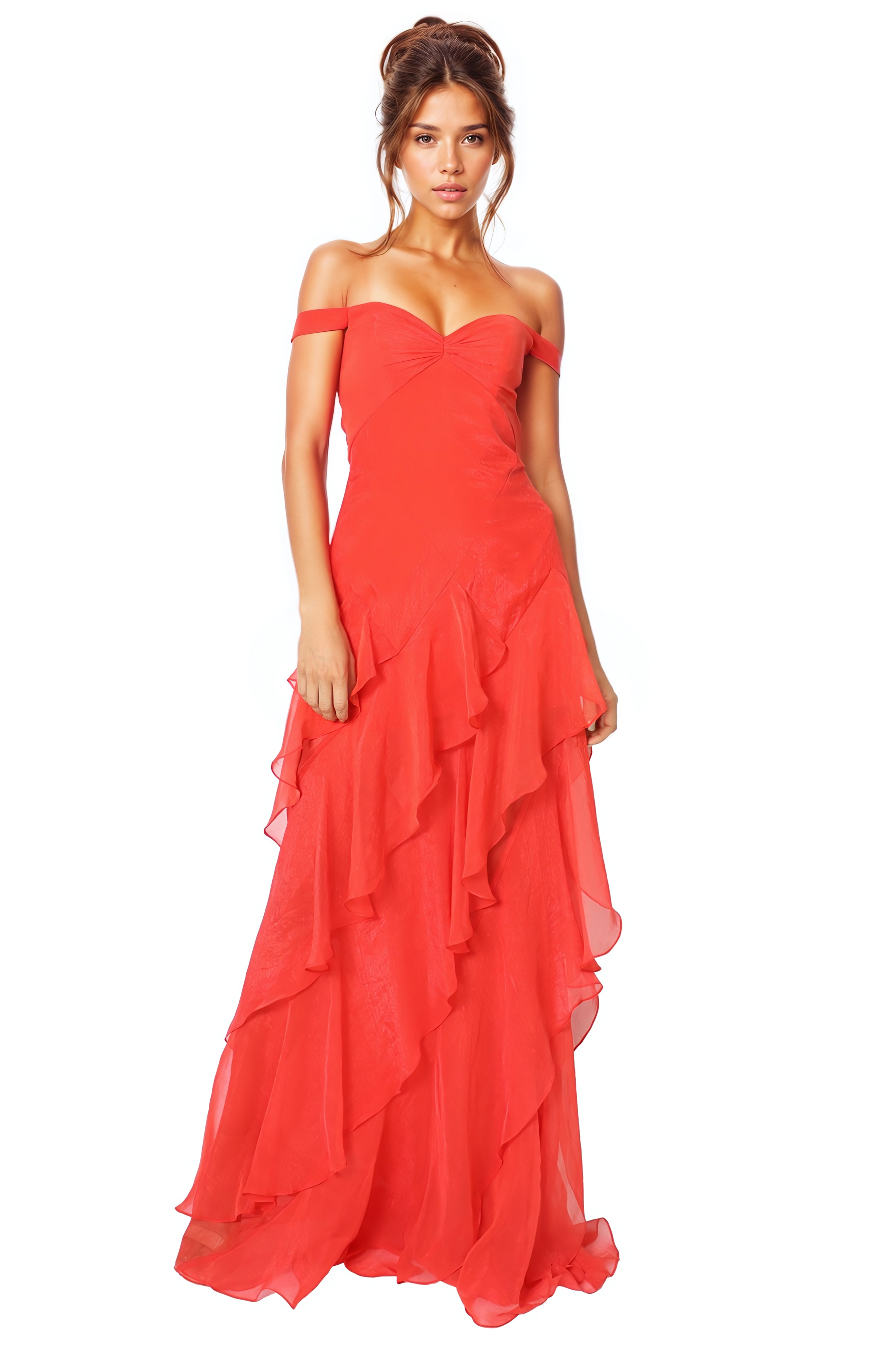 Off The Shoulder Tiered Chiffon Gown Gown Rene Ruiz Collection