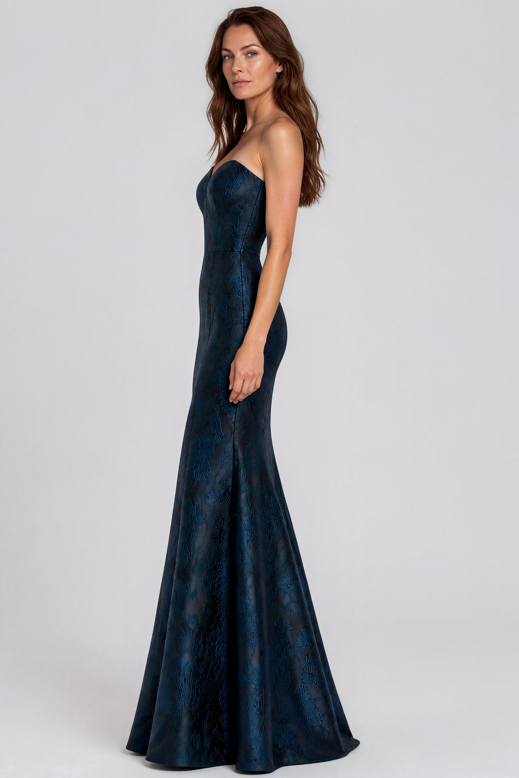 Strapless Sweetheart Floral Jacquard Fit And Flare Gown