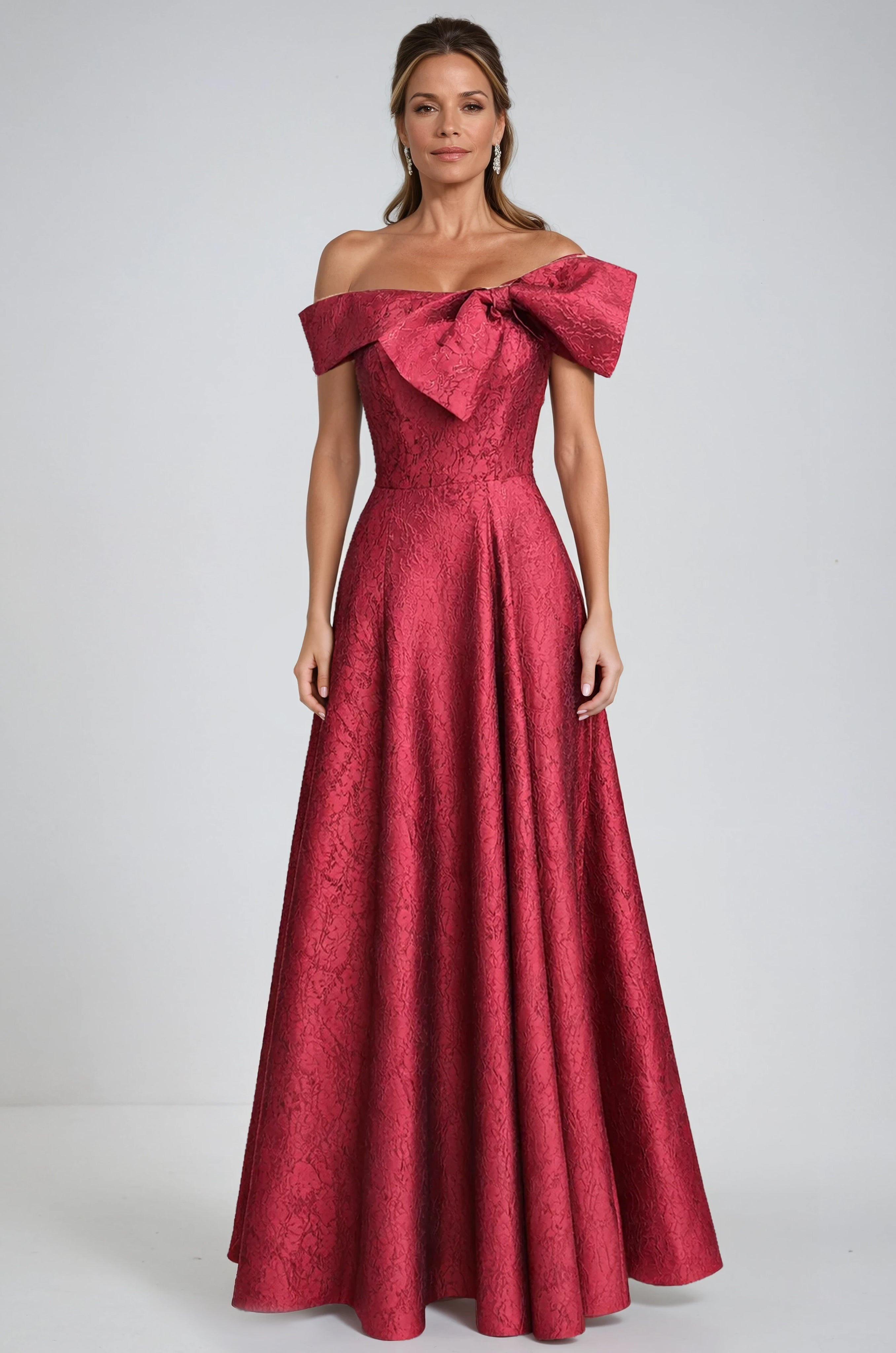 Off The Shoulder Oversized Bow Jacquard A-Line Gown Gown Rene Ruiz Collection