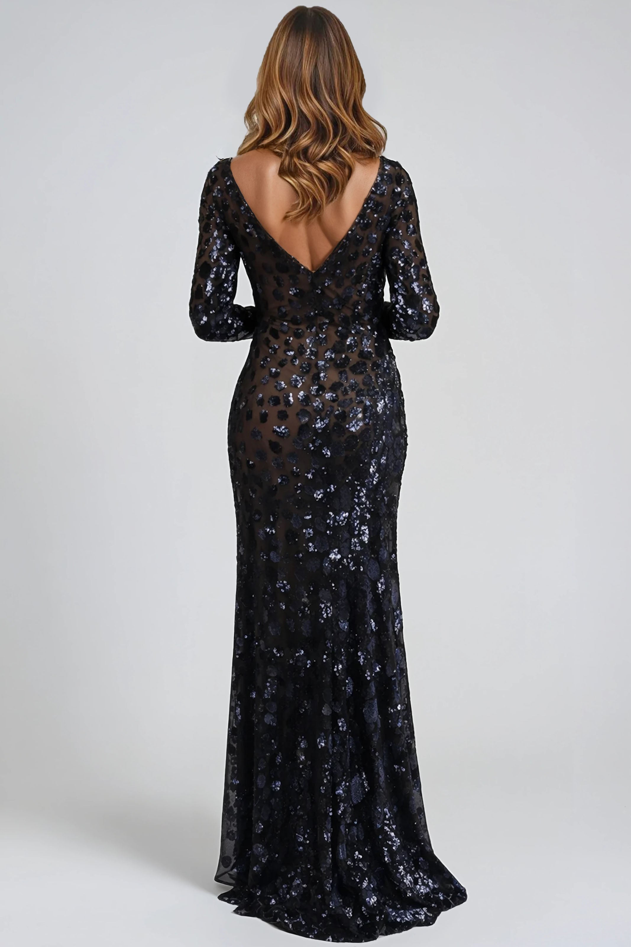 Long Sleeve Sequin Embellished Pattern Sheath Gown Gown Rene Ruiz Collection