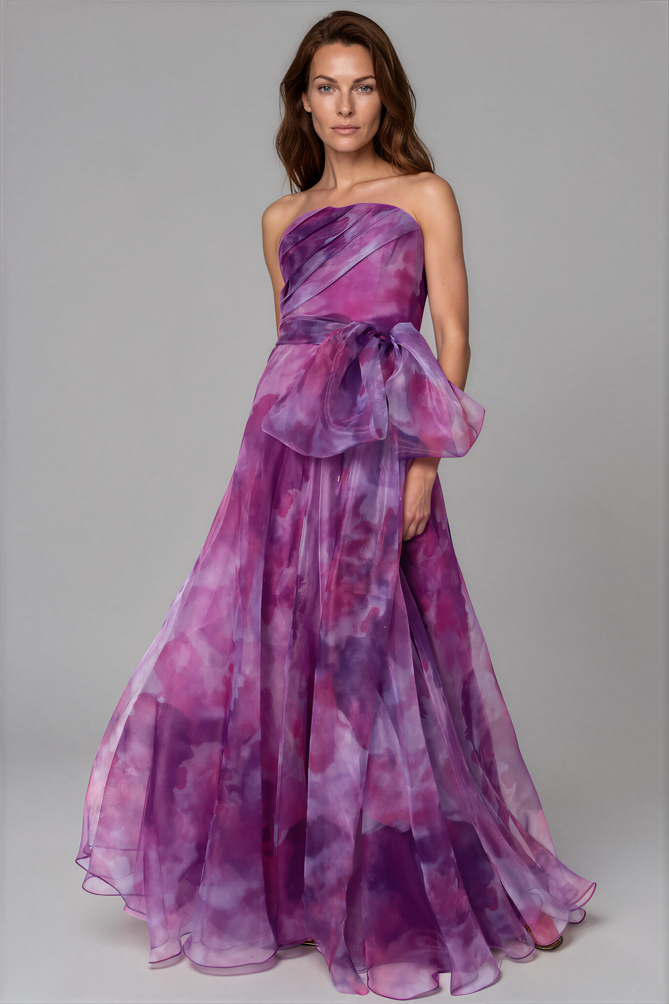 Strapless Organza Gown With Belt Gown Rene Ruiz Collection