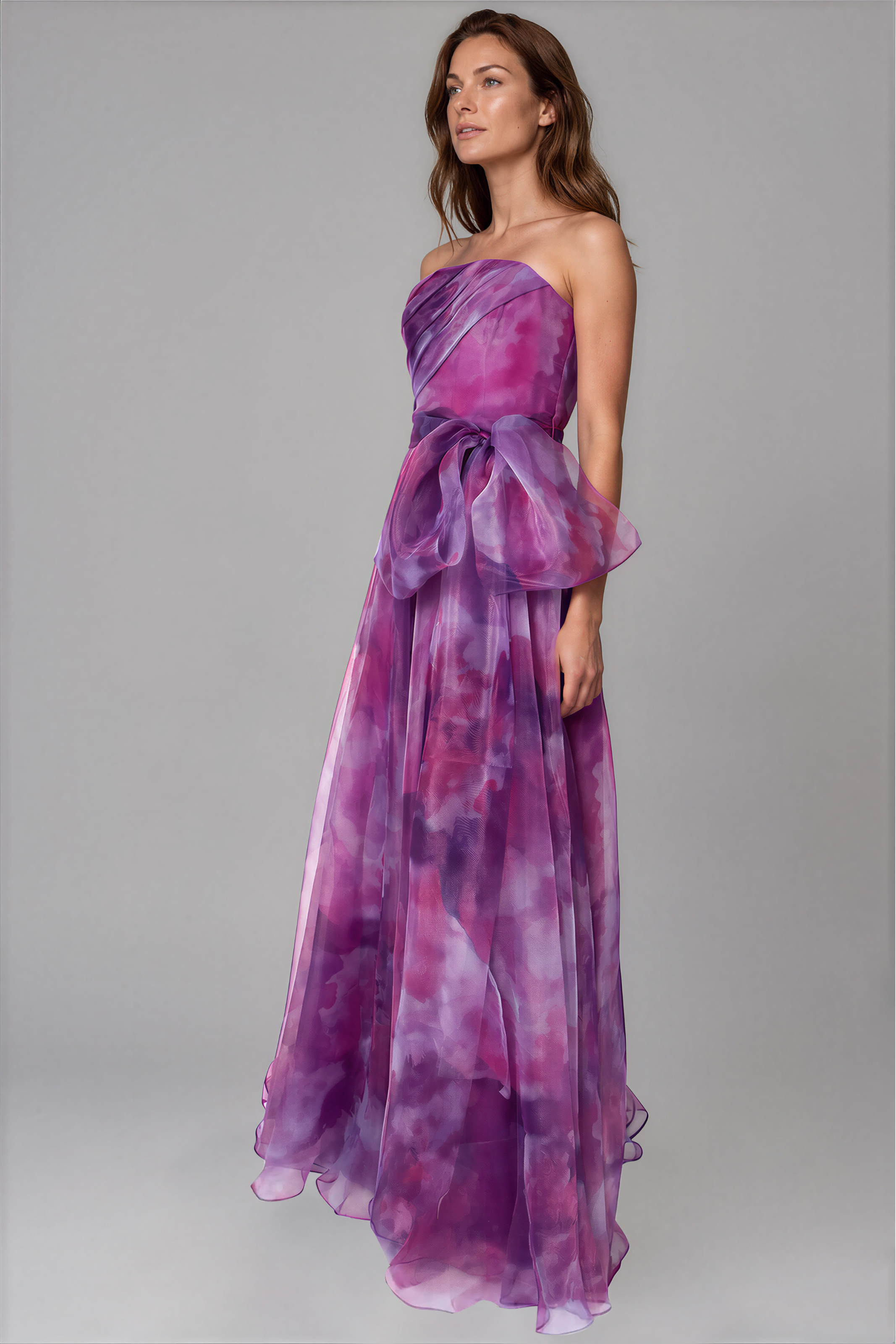 Strapless Organza Gown With Belt Gown Rene Ruiz Collection
