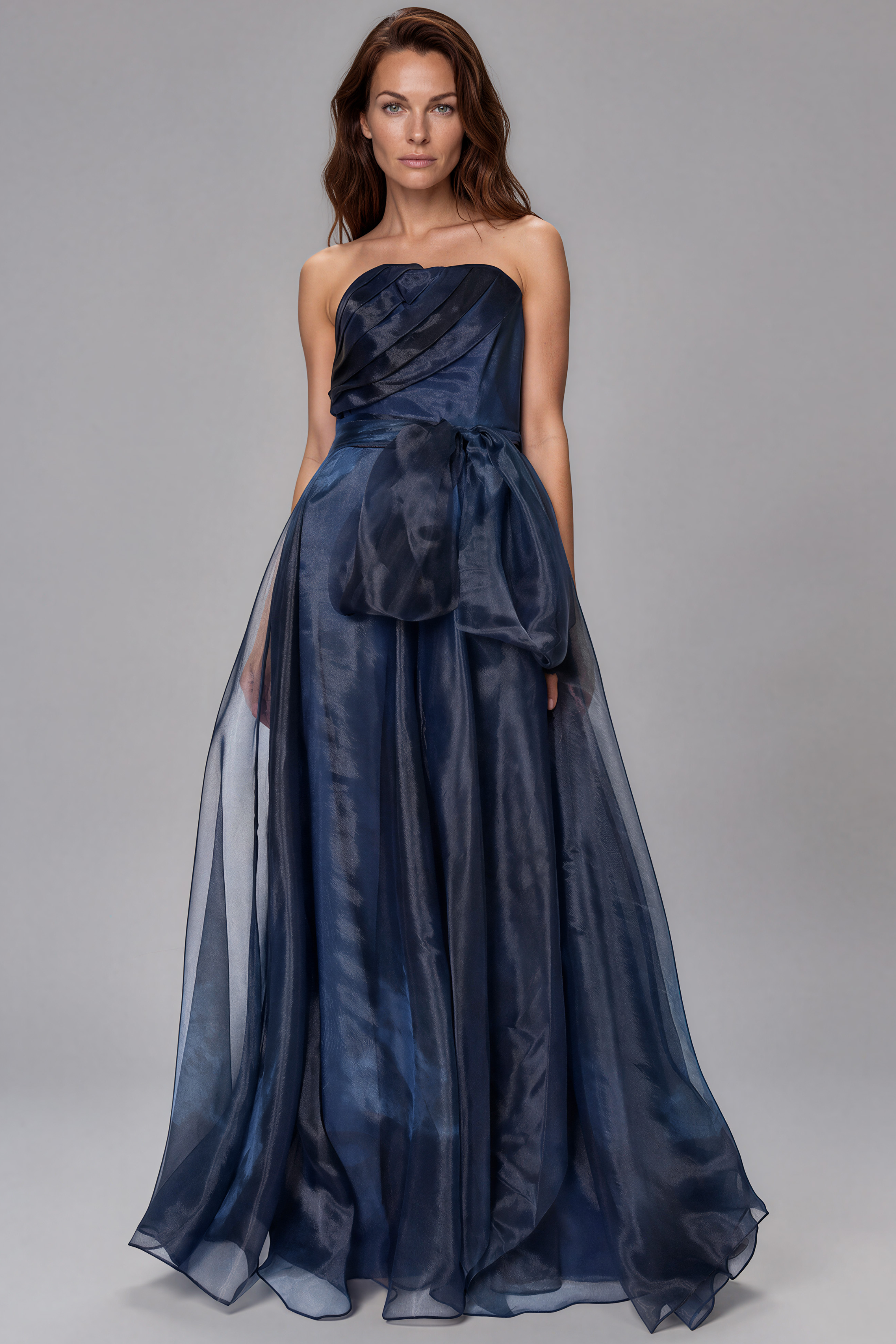 Strapless Organza Gown With Belt Gown Rene Ruiz Collection