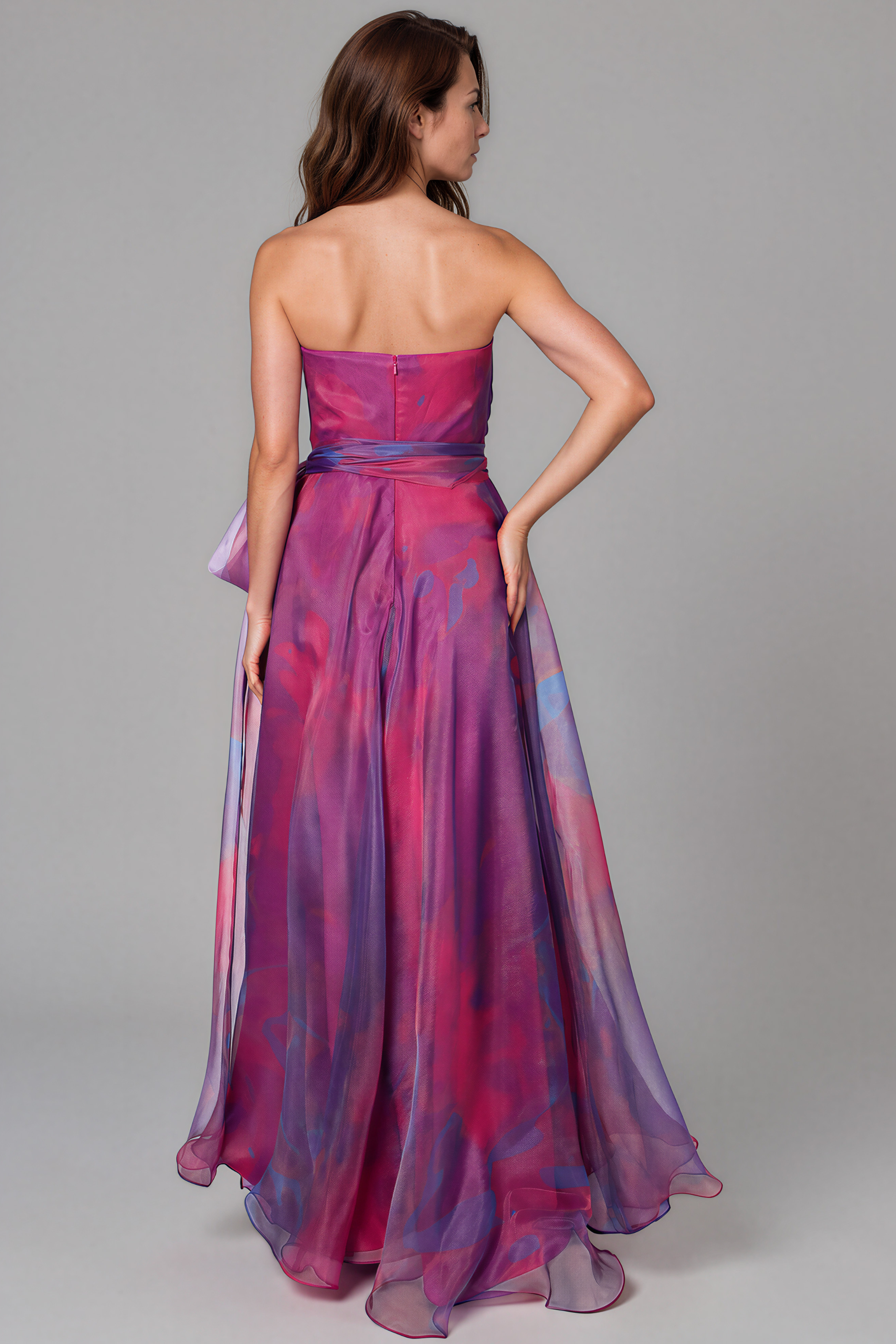 Strapless Organza Gown with Belt Gown Rene Ruiz Collection