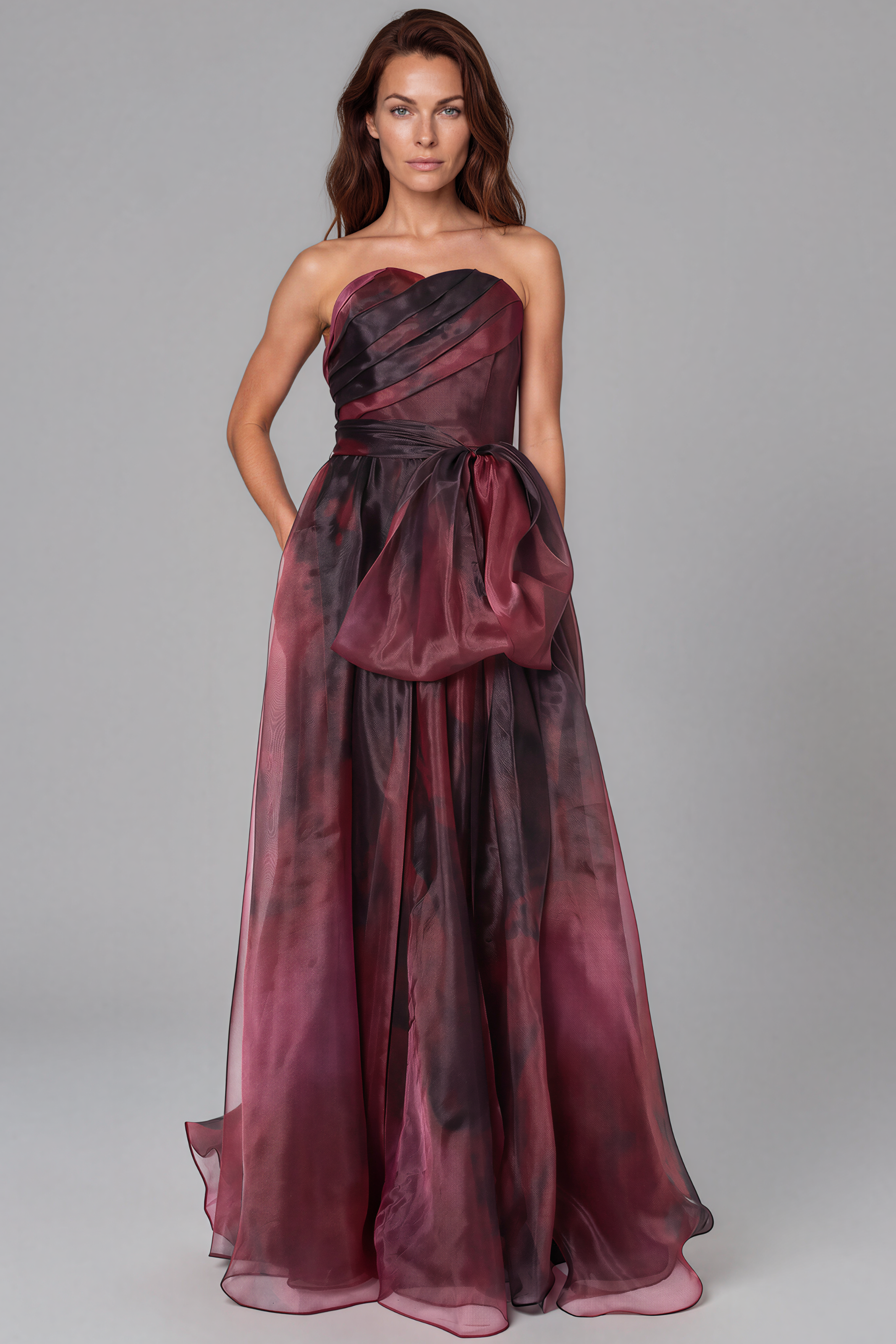 Strapless Organza Gown With Belt Gown Rene Ruiz Collection