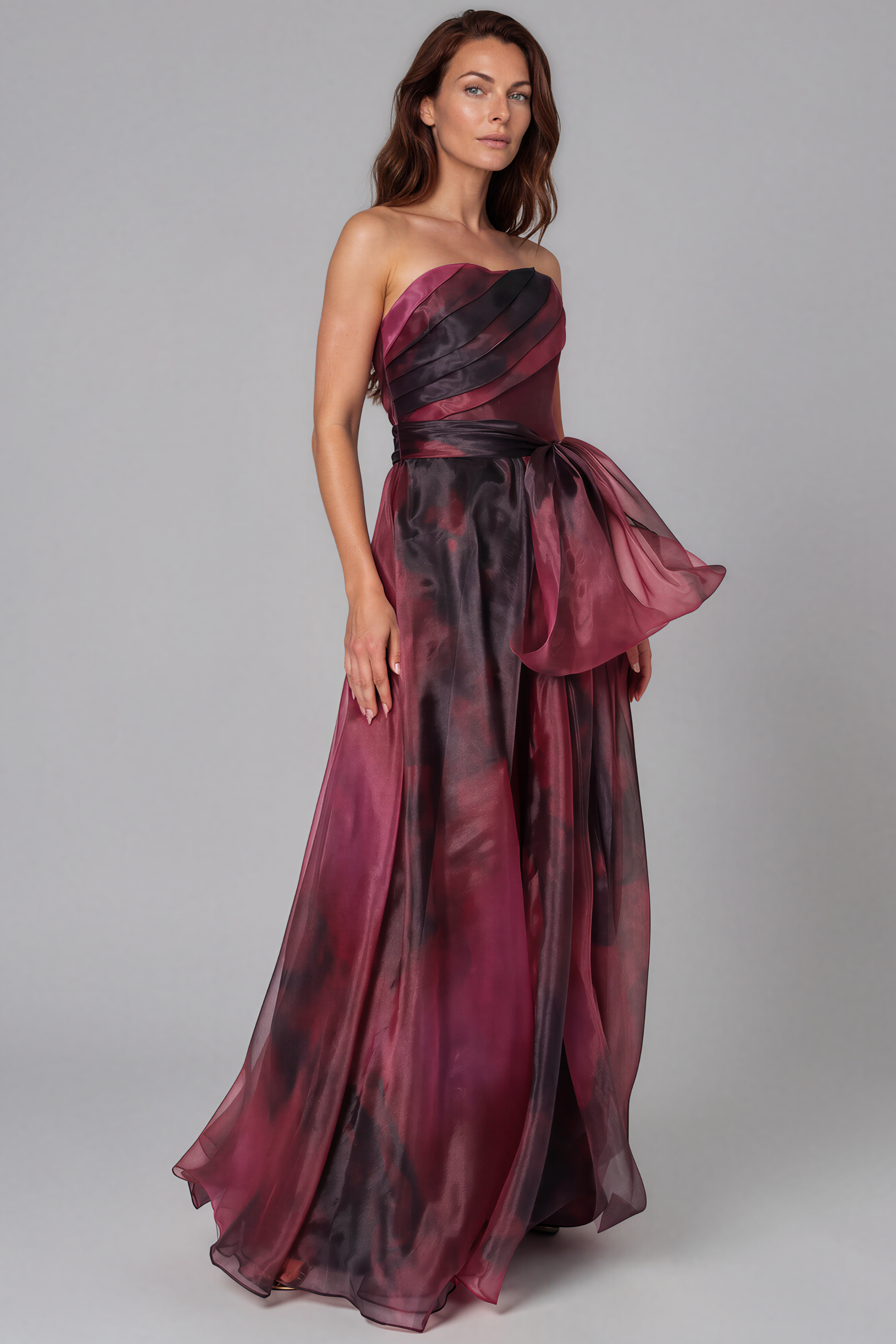Strapless Organza Gown With Belt Gown Rene Ruiz Collection