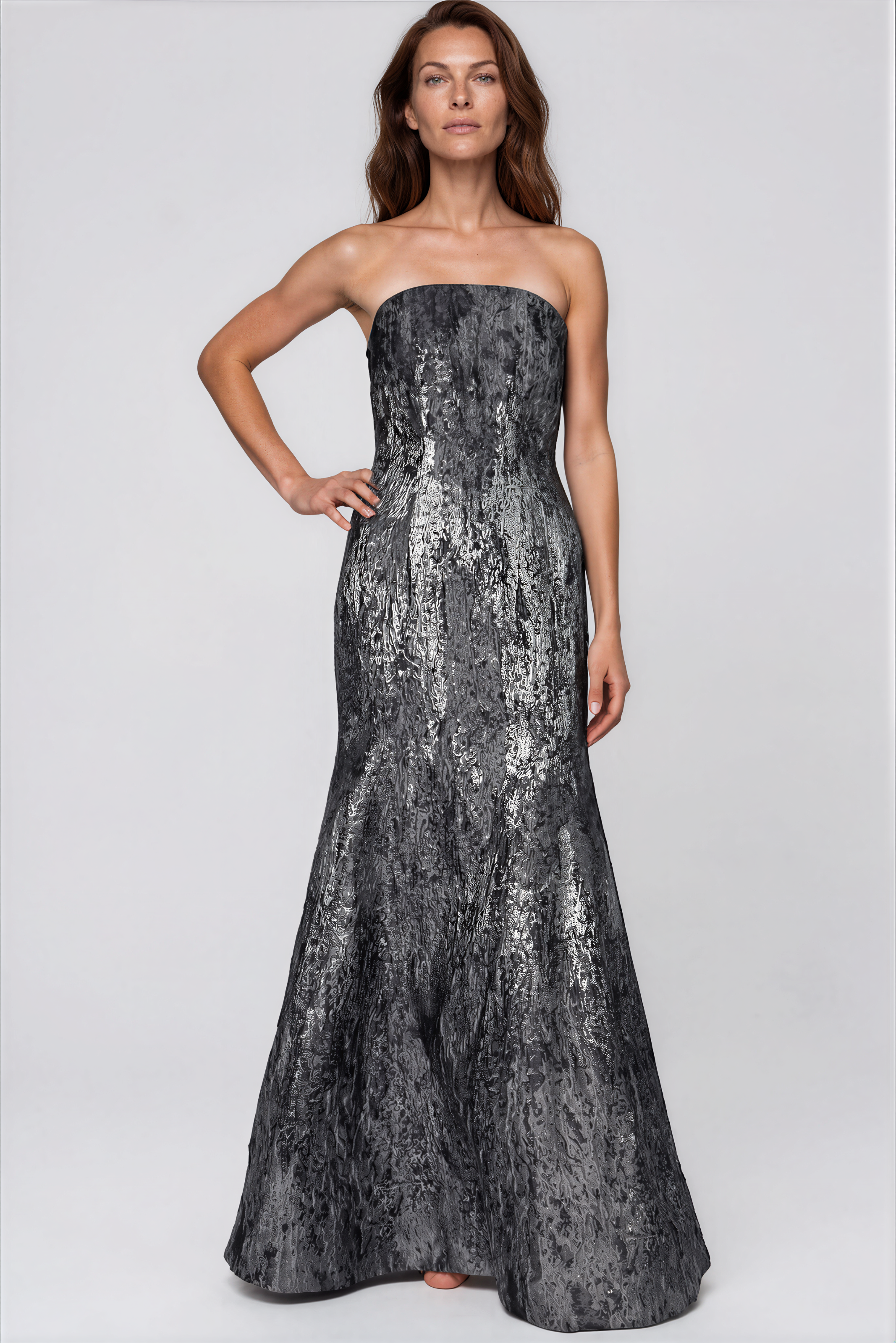 Strapless Fit And Flare Brocade Gown Gown Rene Ruiz Collection
