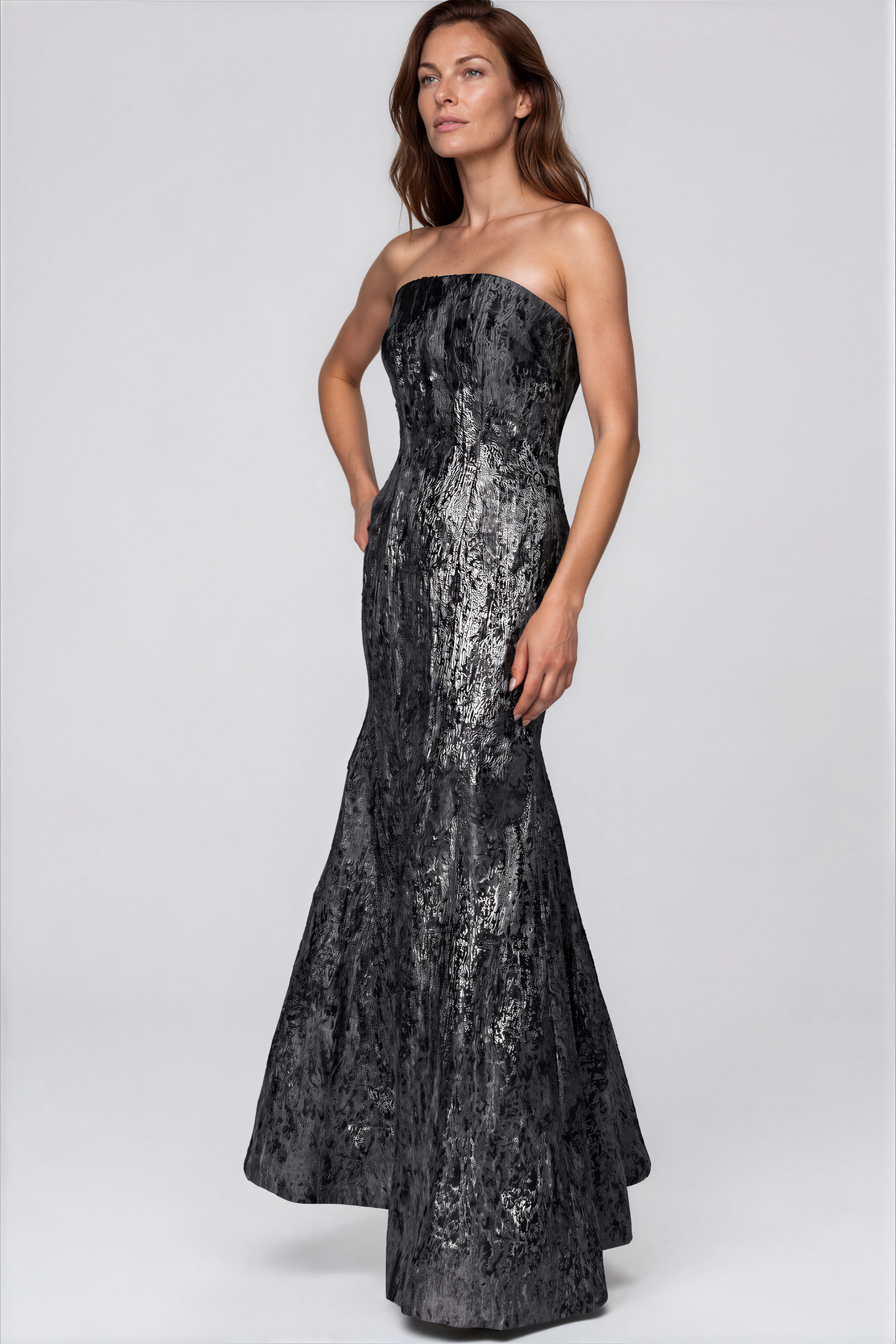 Strapless Fit And Flare Brocade Gown Gown Rene Ruiz Collection