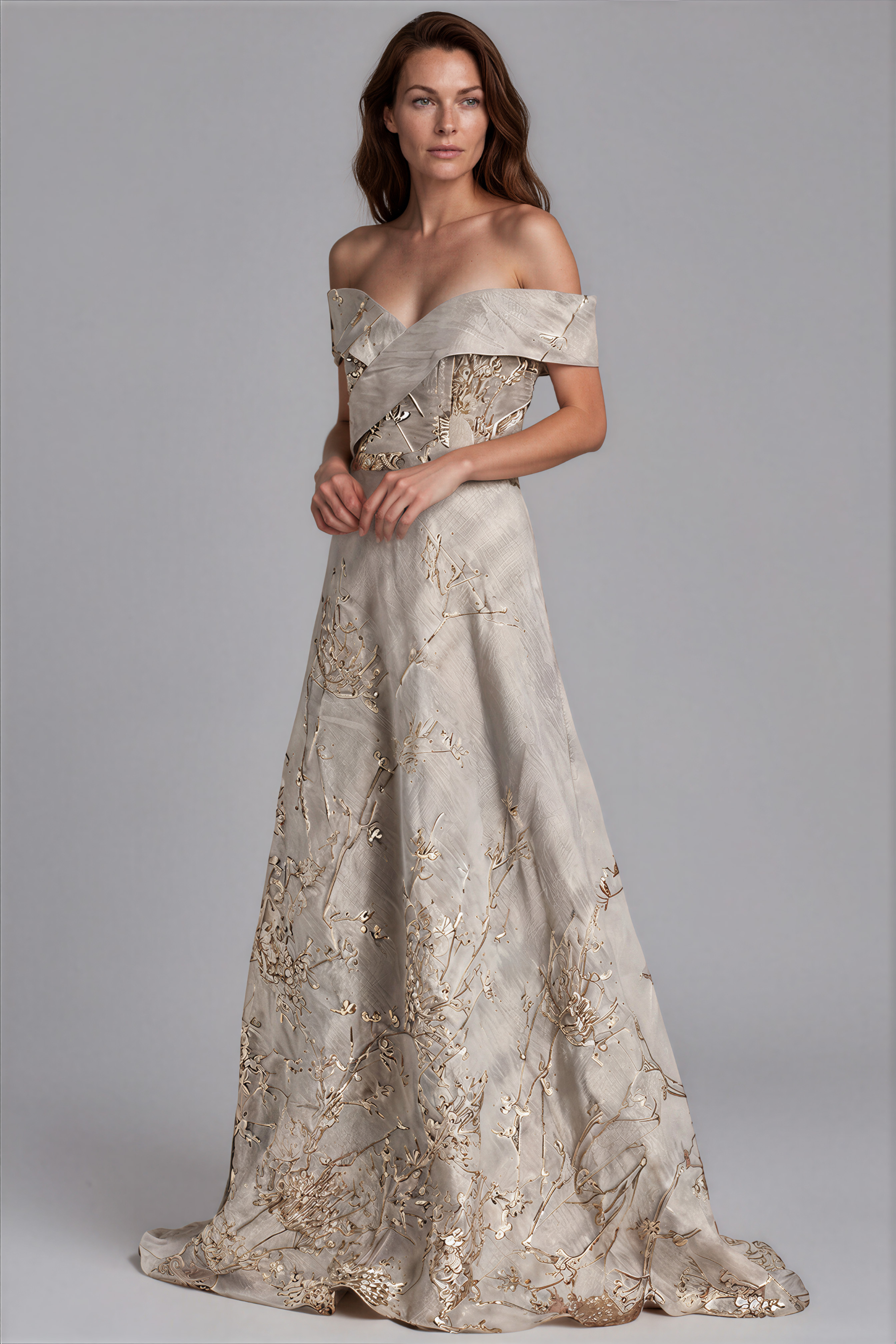 Off the Shoulder Brocade A-Line Gown Gown Rene Ruiz Collection