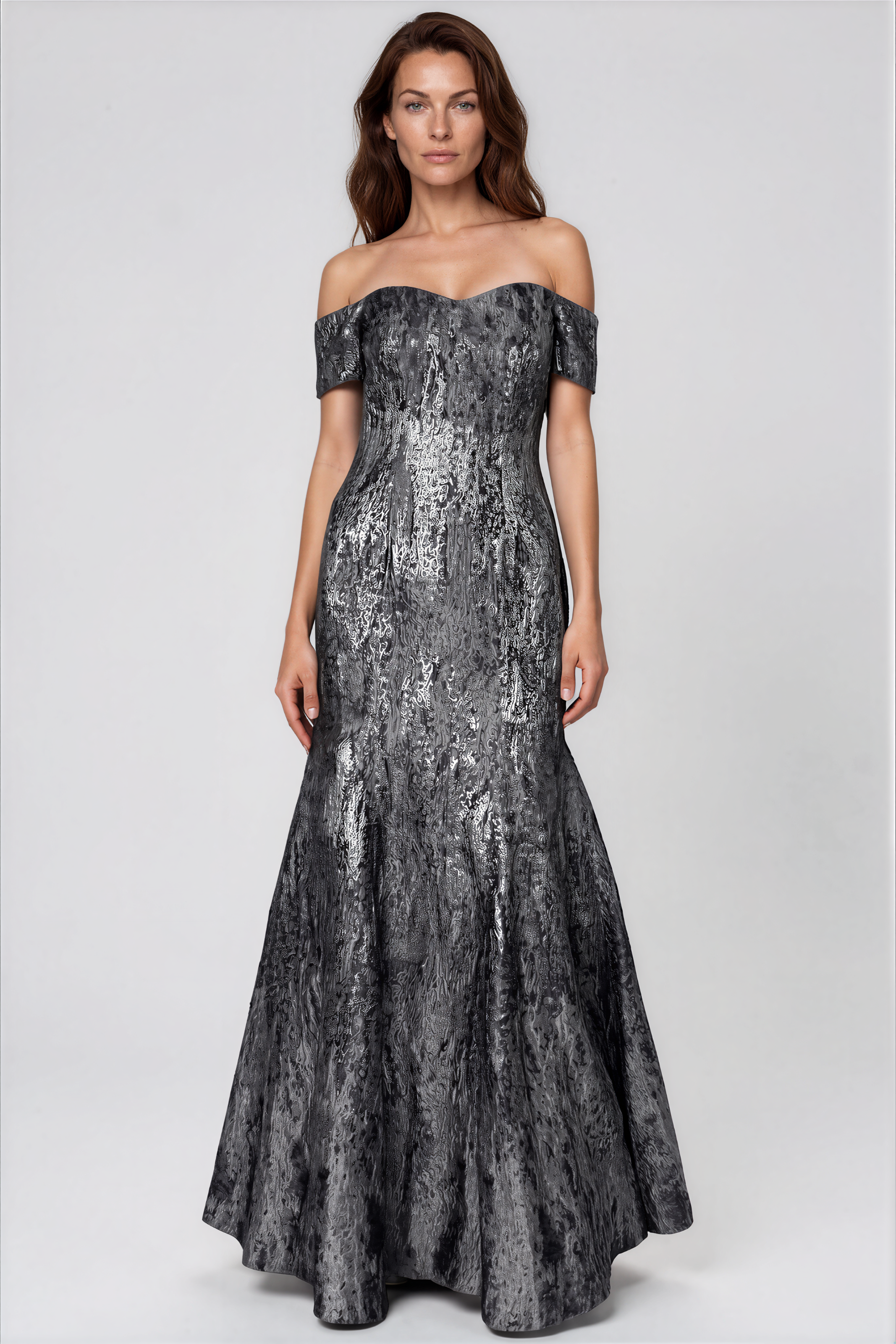 Brocade Off the Shoulder Fit And Flare Gown Gown Rene Ruiz Collection