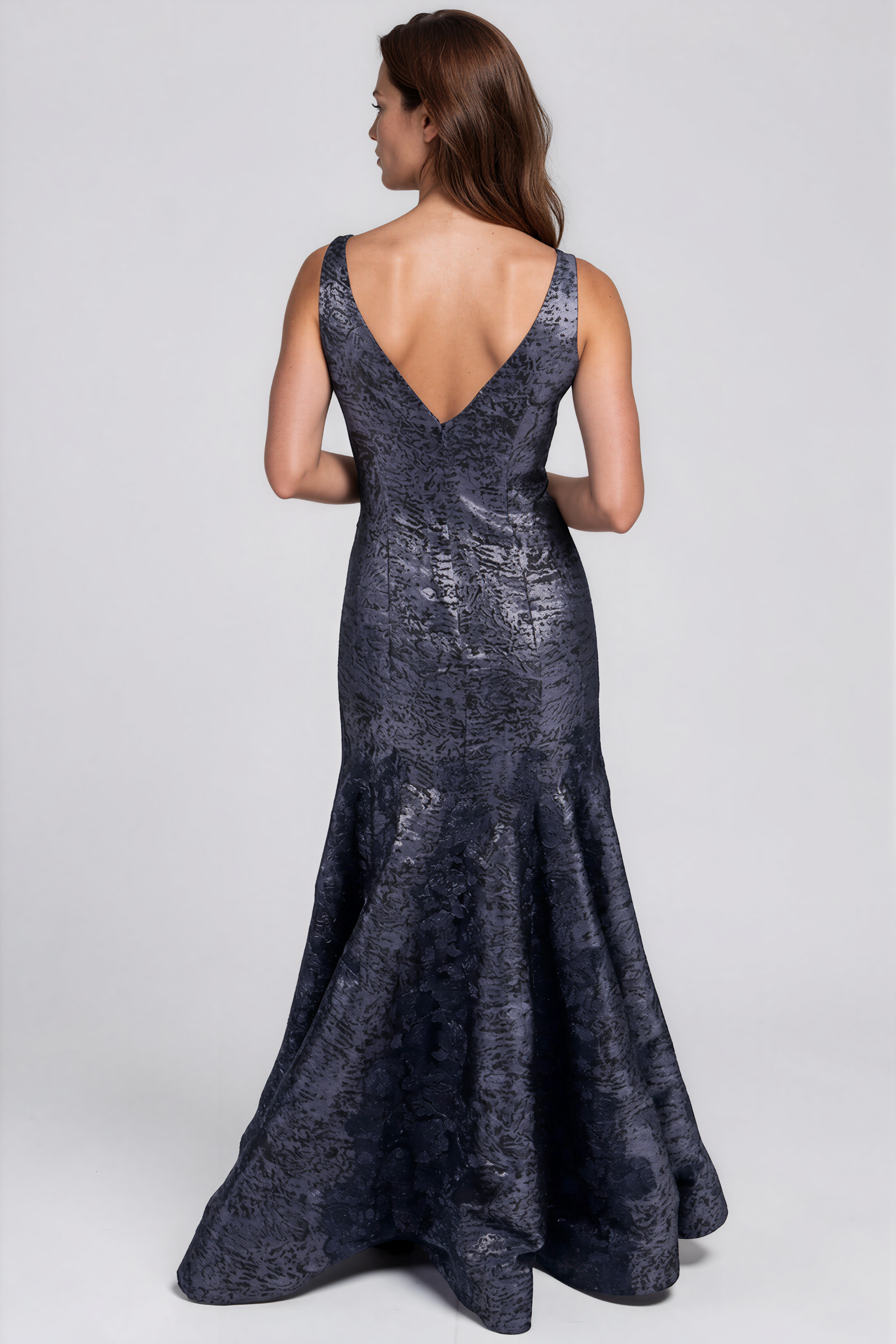 V Neck Brocade Lace Gown Gown Rene Ruiz Collection