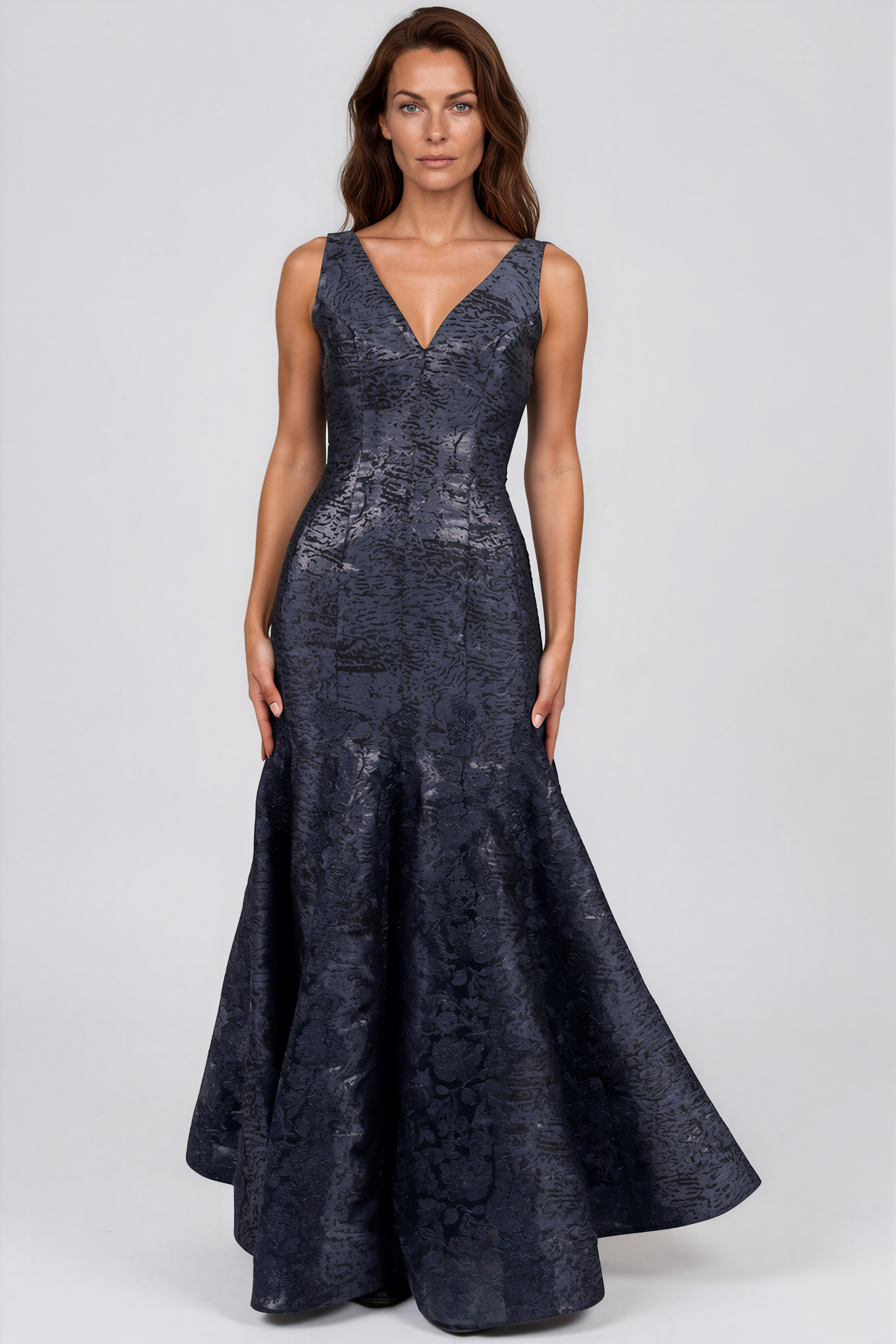 V Neck Brocade Lace Gown Gown Rene Ruiz Collection