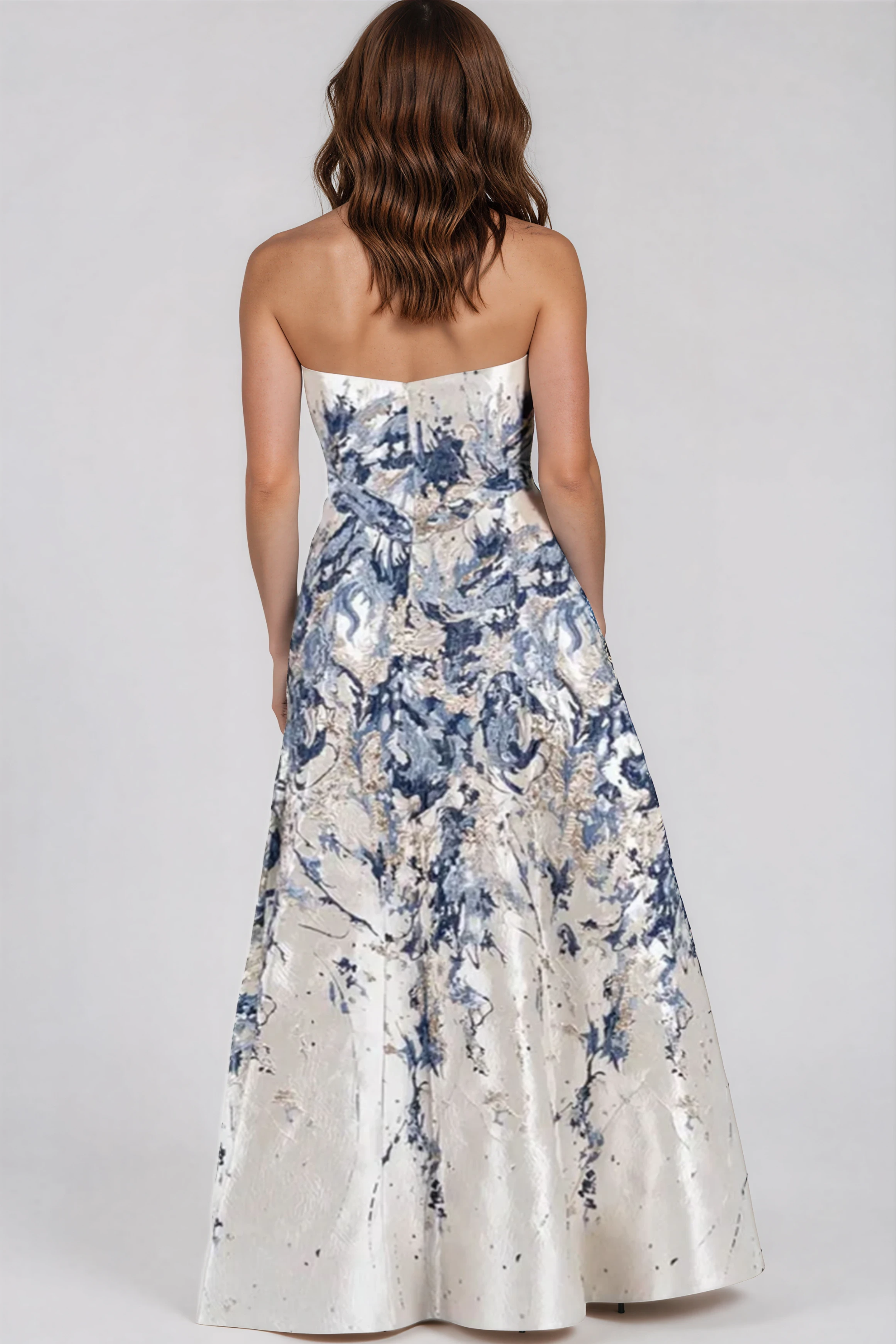 Strapless Boarder Print Brocade A-Line Gown (boca stock) Gown Rene Ruiz Collection