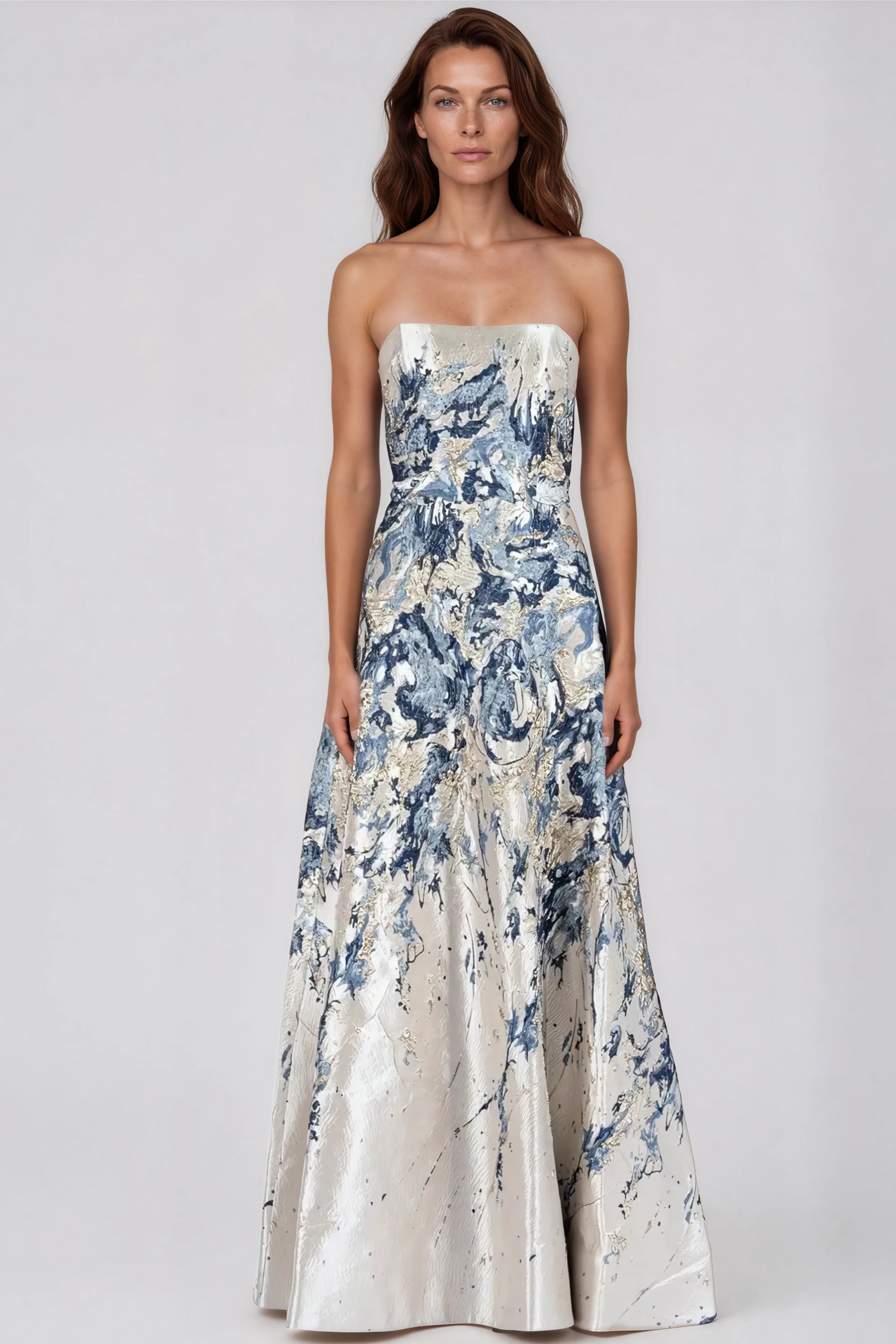 Strapless Boarder Print Brocade A-Line Gown (boca stock) Gown Rene Ruiz Collection