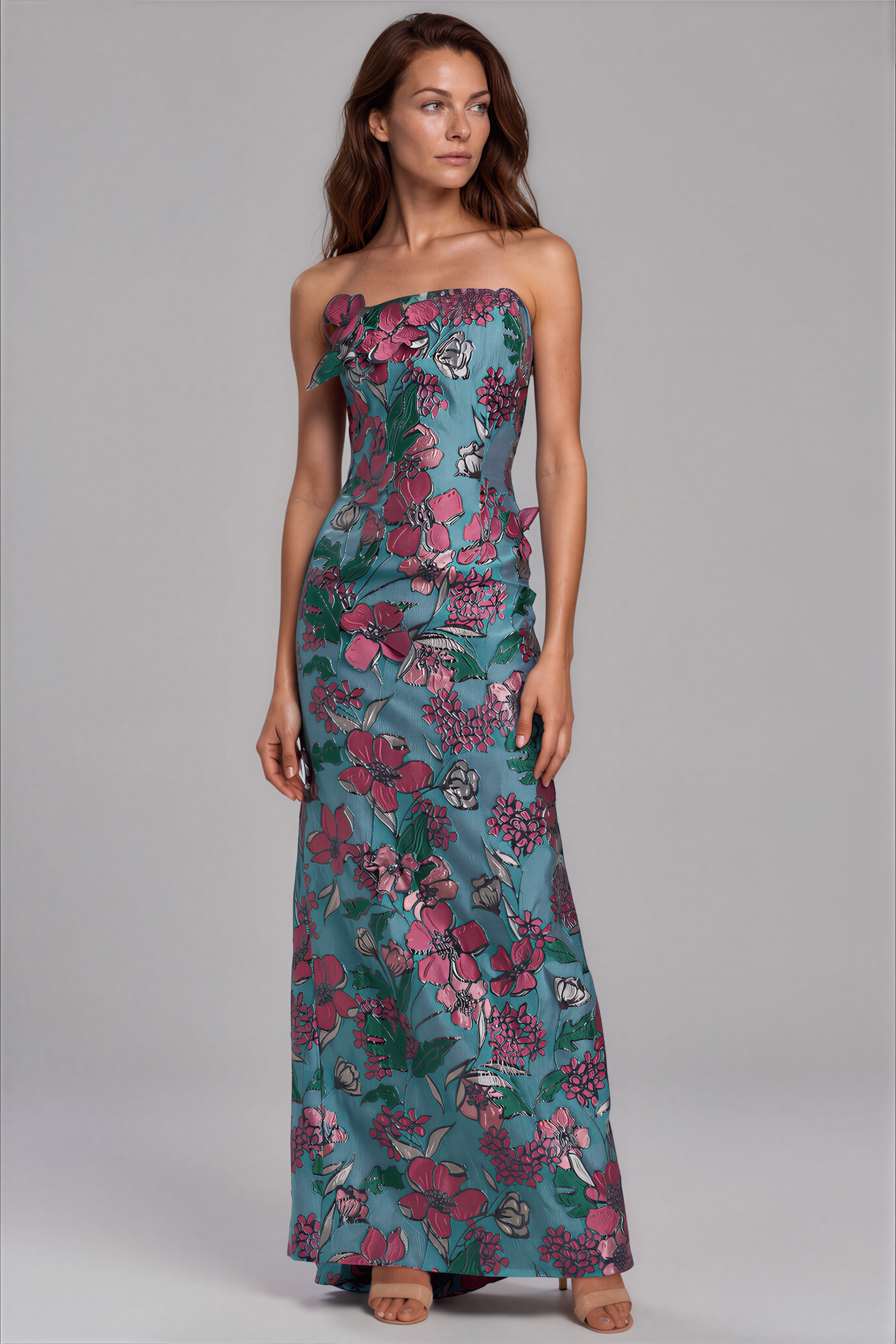 Strapless Floral Brocade Fit and Flare Gown With Floral Appliques Gown Rene Ruiz Collection