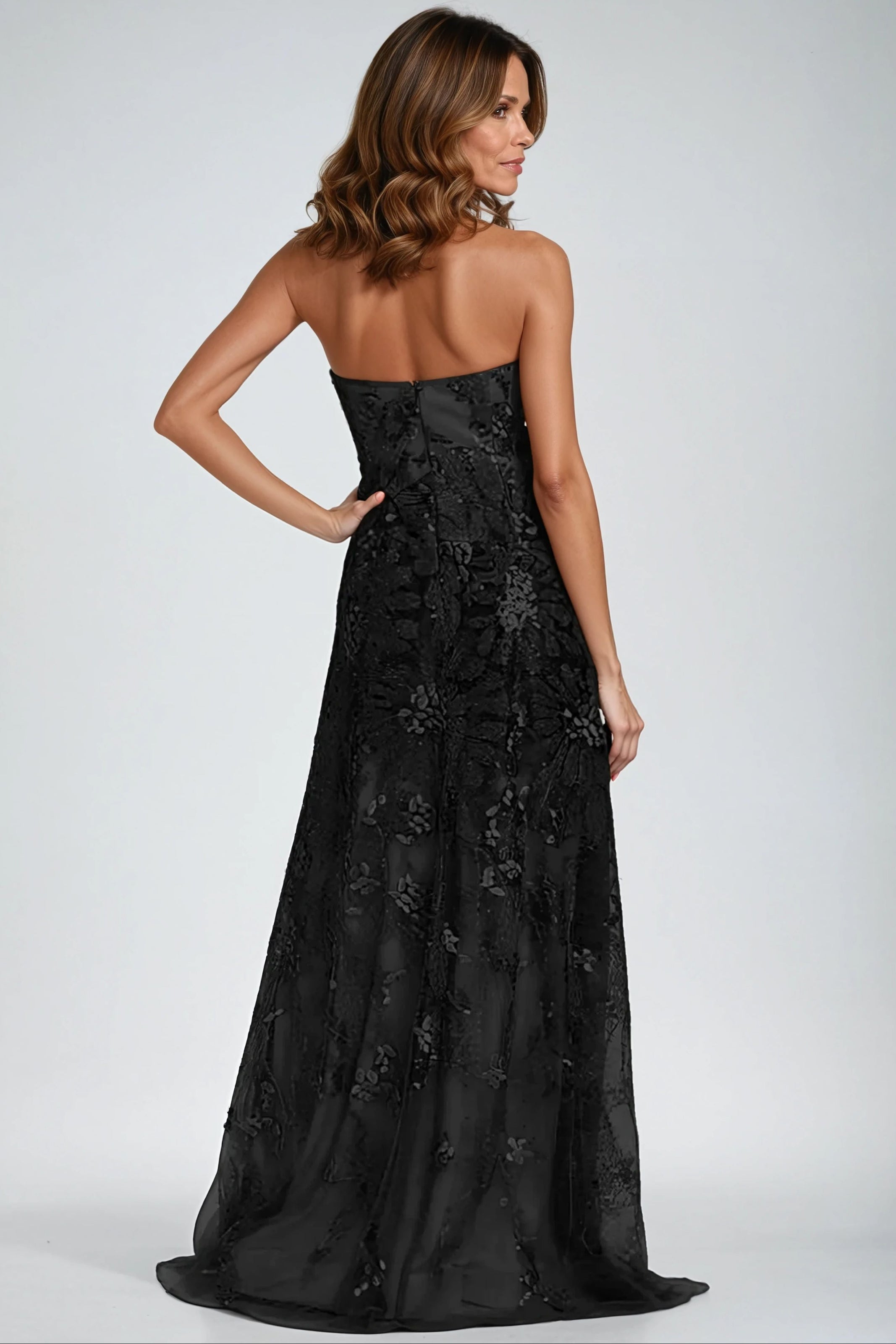 Floral Embroidered Strapless A-Line Gown (boca stock) Gown Rene Ruiz Collection