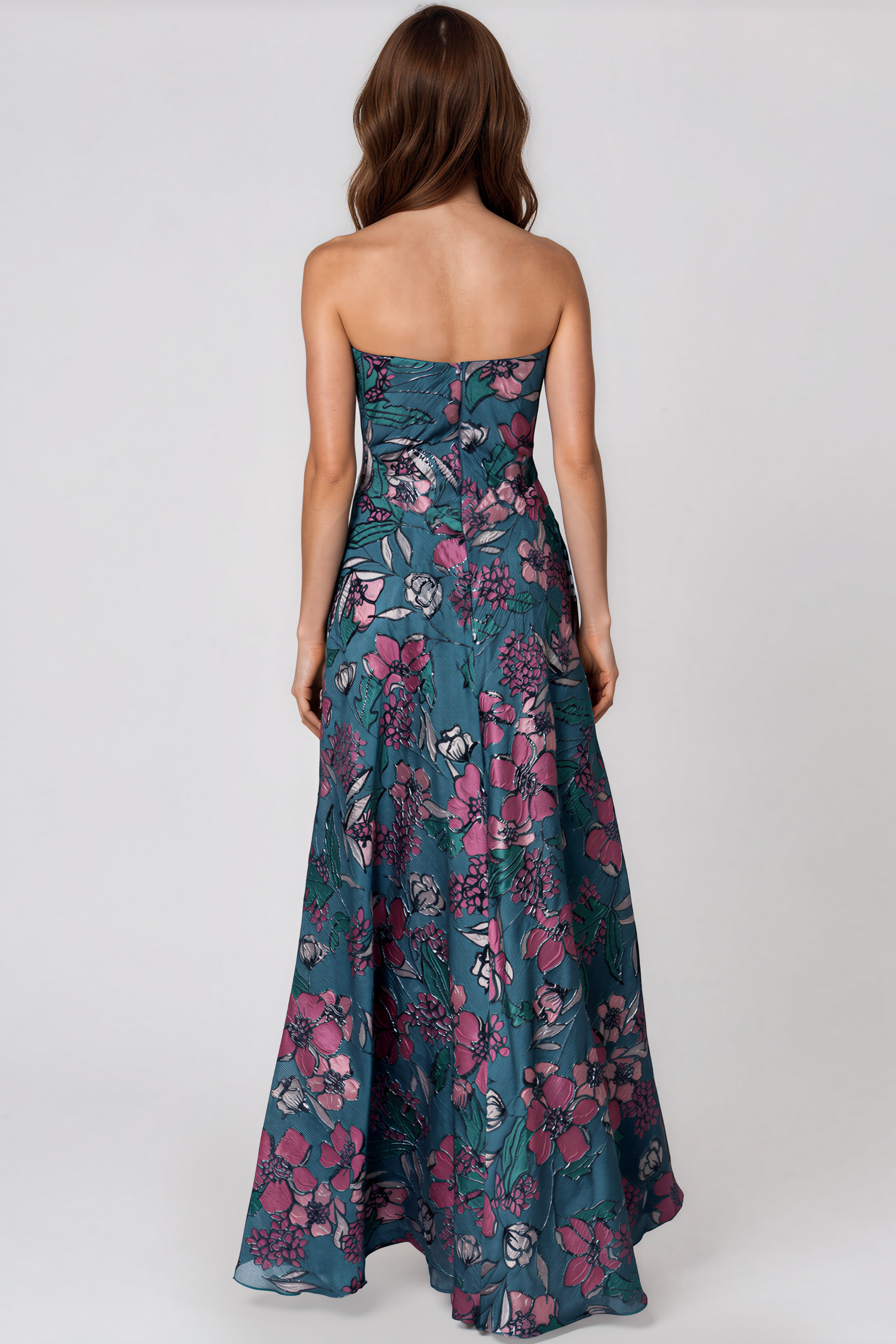 Strapless Floral Brocade A-Line Gown With Floral Appliques Gown Rene Ruiz Collection
