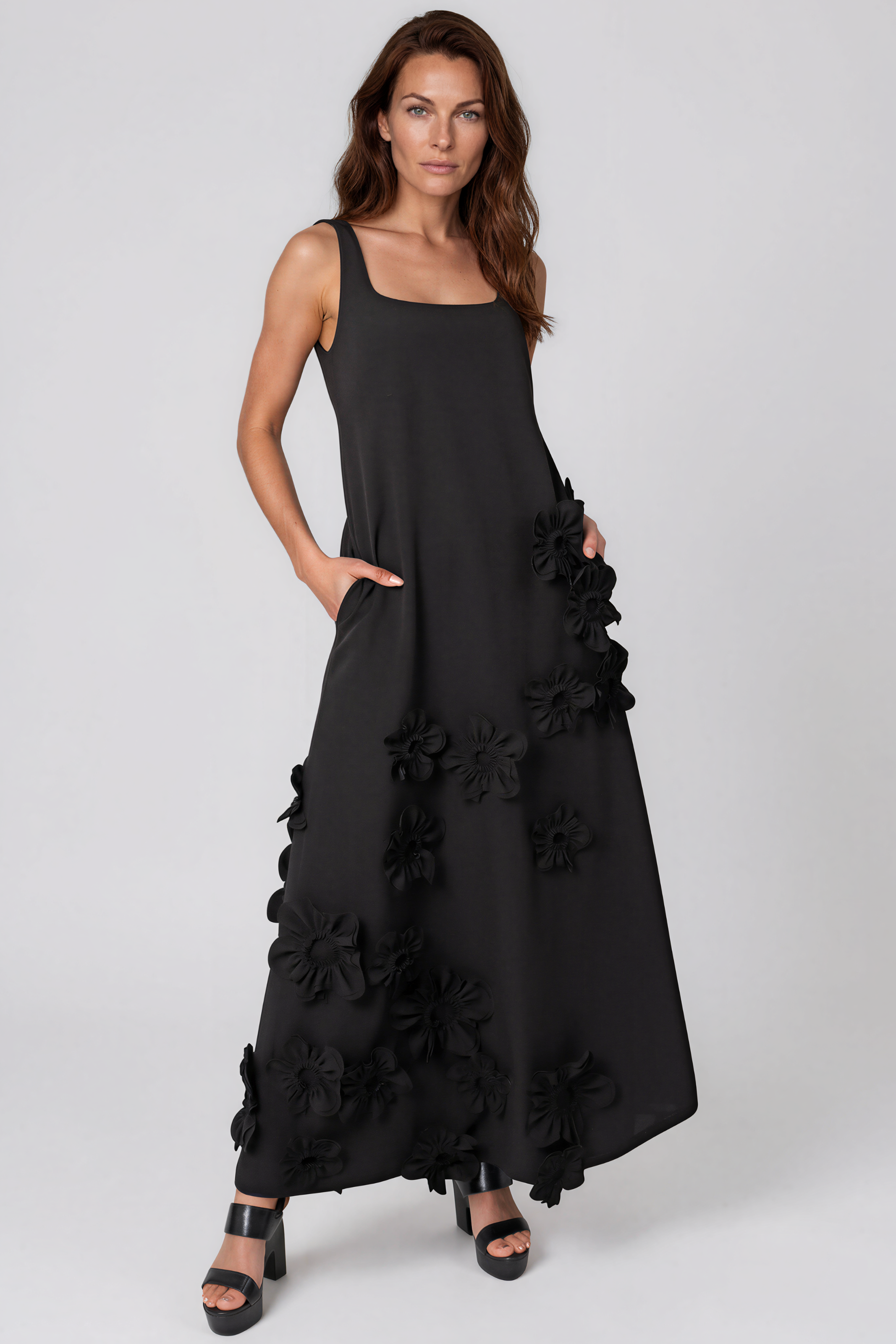 3D Floral Appliqué Crepe Gown Gown Rene Ruiz Collection