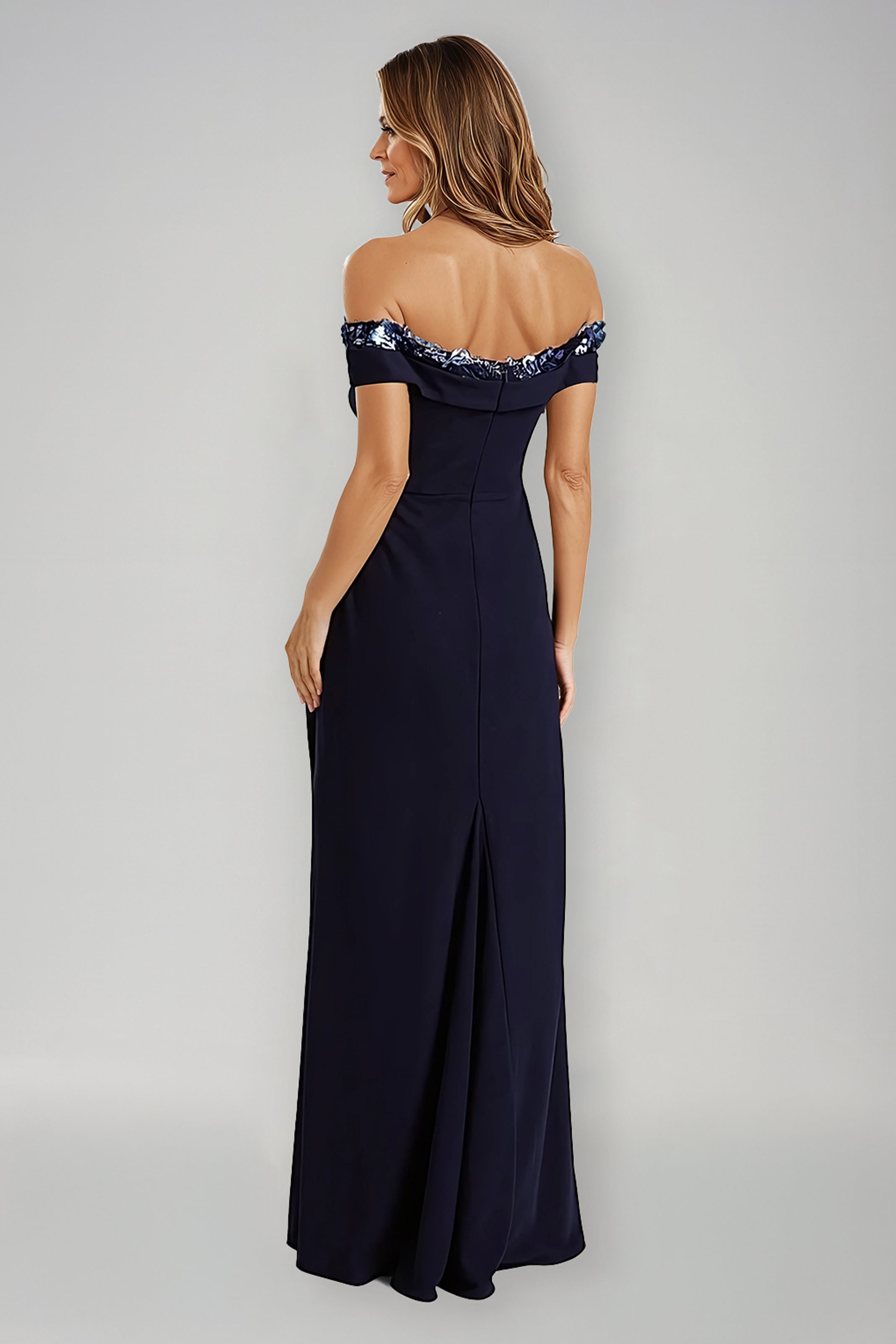 Off The Shoulder Crepe Fit And Flare Gown Gown Rene Ruiz Collection
