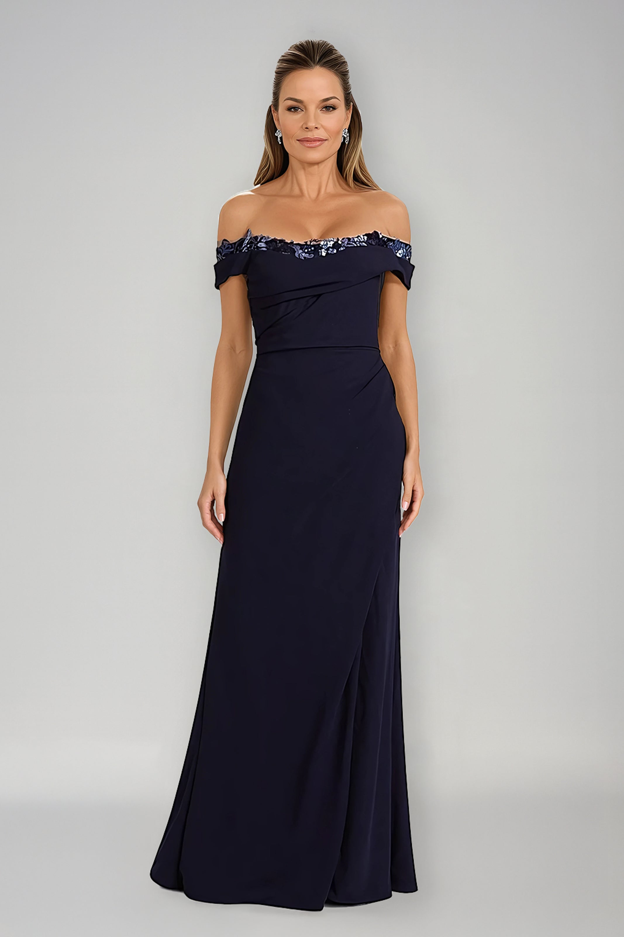 Off The Shoulder Crepe Fit And Flare Gown Gown Rene Ruiz Collection
