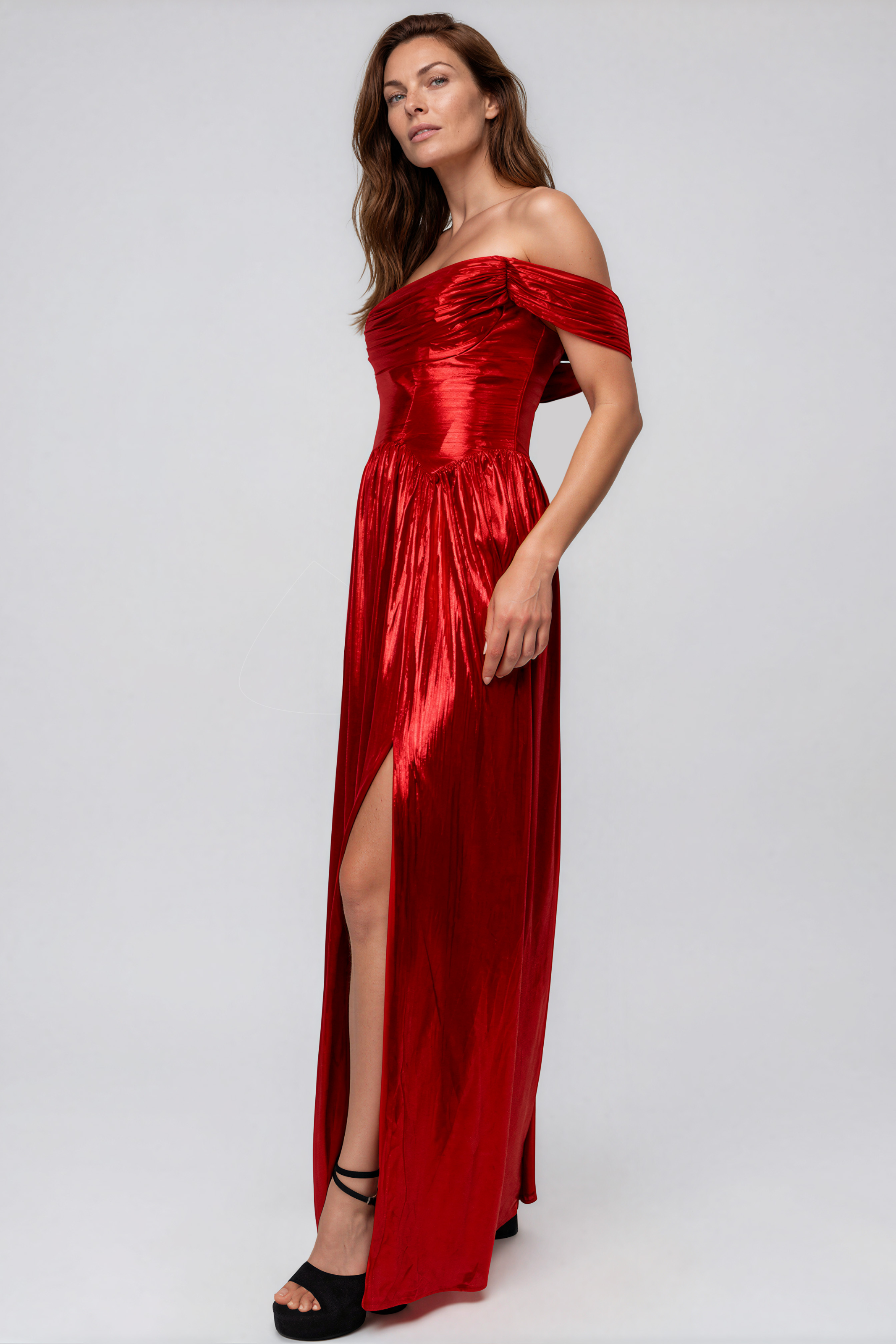 Off The Shoulder Metallic Knit A-Line Gown Gown Rene Ruiz Collection