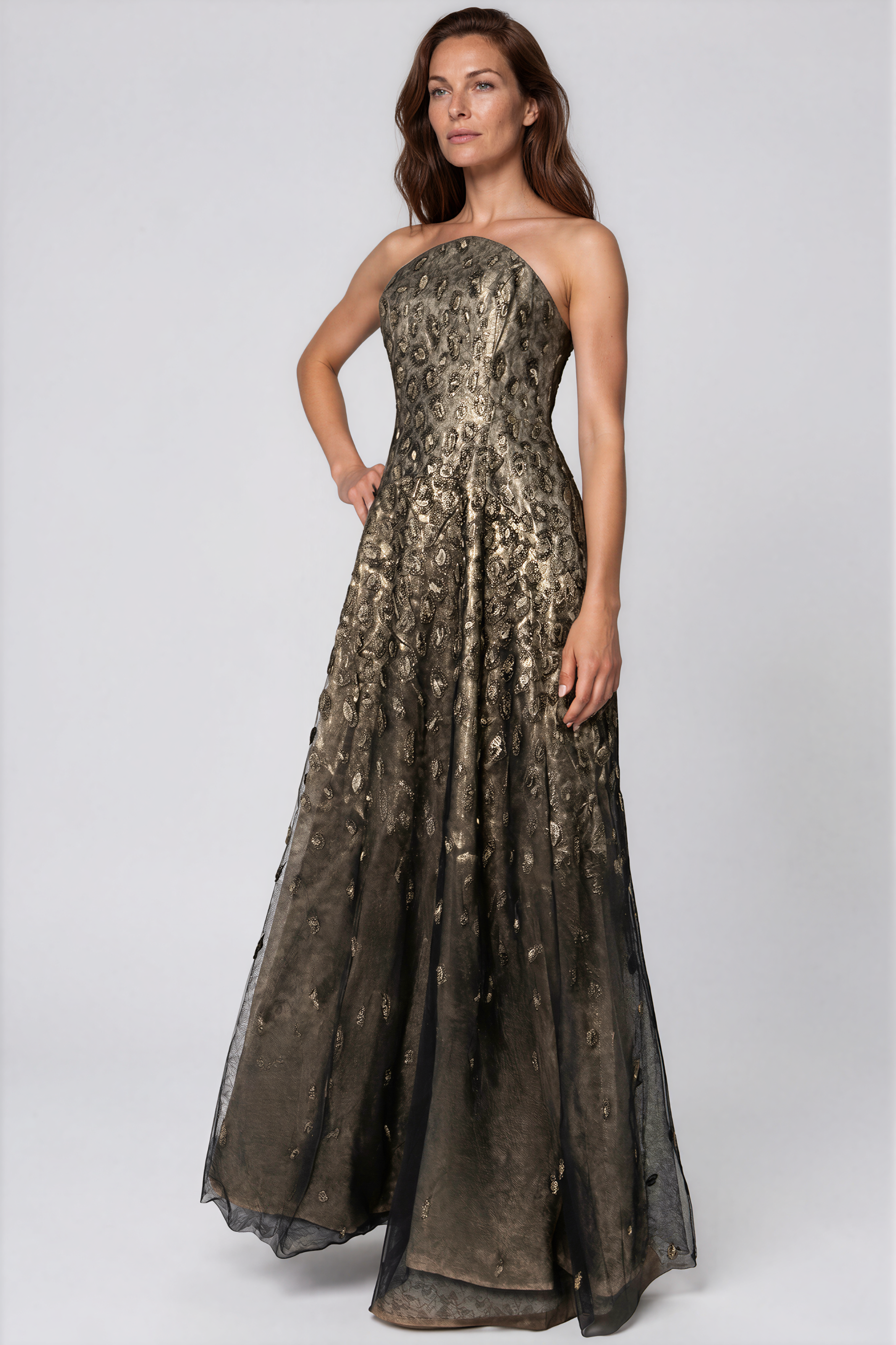 Strapless Embroidered Tulle A-Line Gown