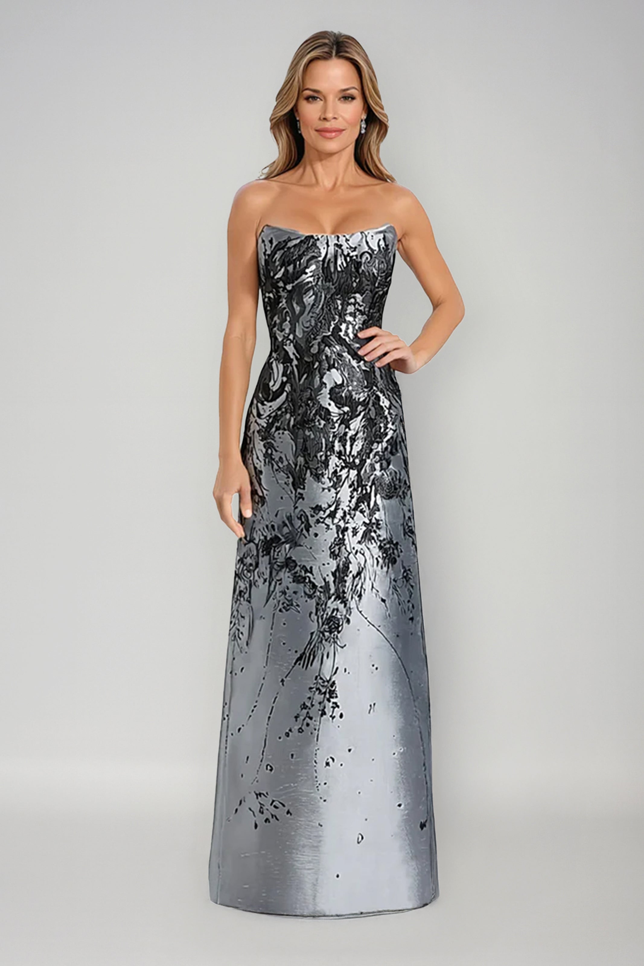 Swoop Neck Brocade Strapless A-Line Gown Gown Rene Ruiz Collection