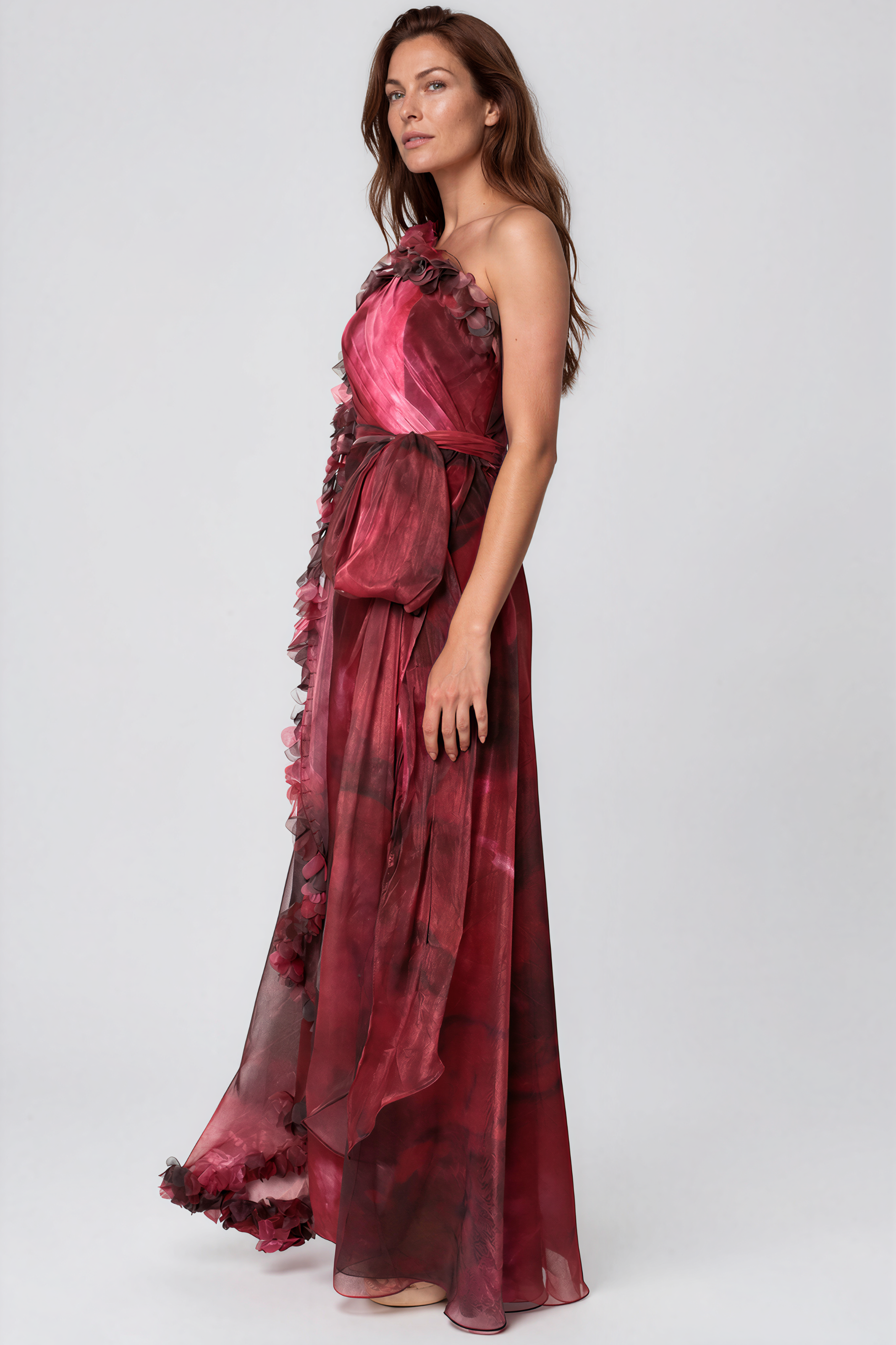One Shoulder Chiffon Cape Sleeve Gown Gown Rene Ruiz Collection