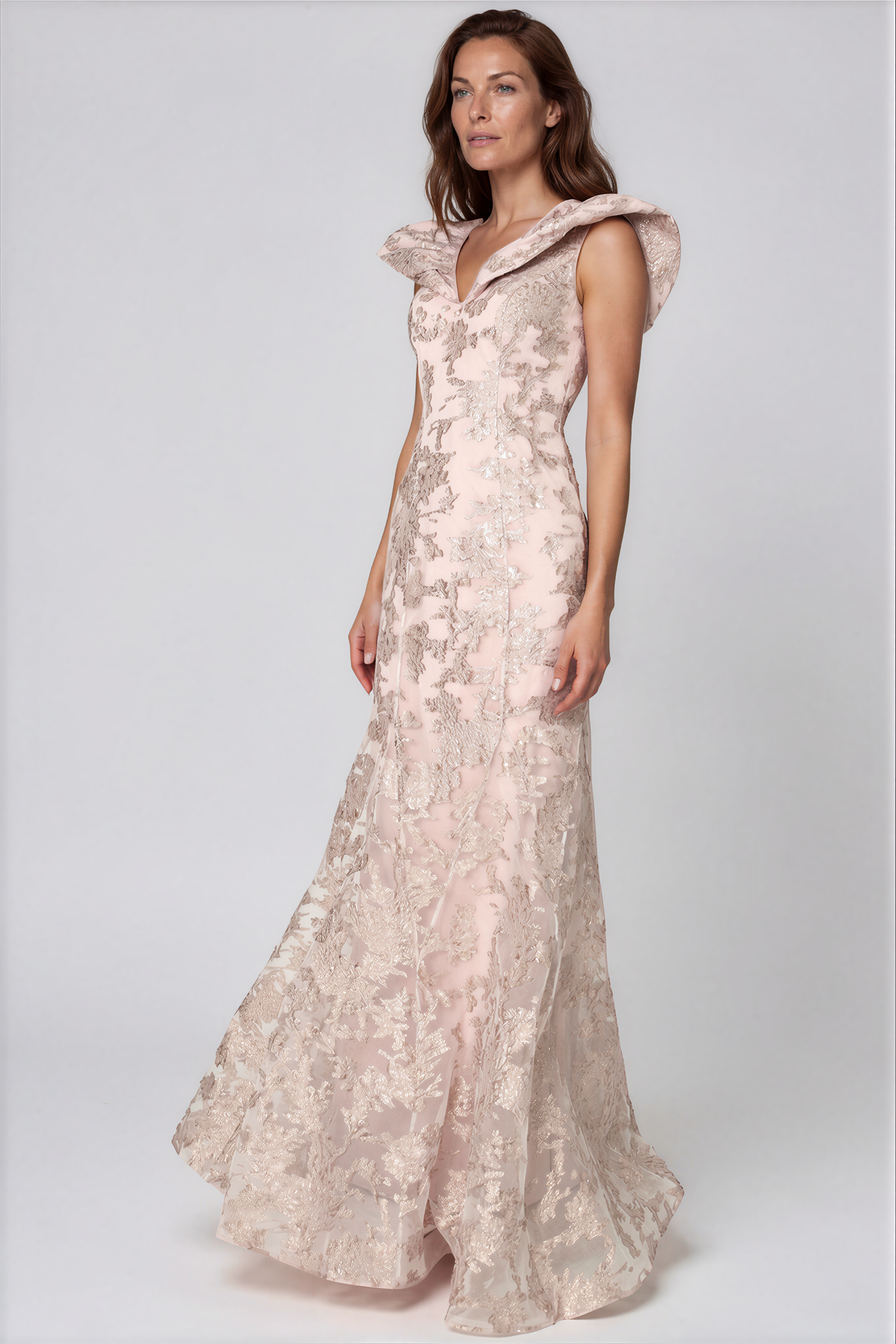Puff Collar V Neck Brocade Fit and Flare Gown Gown Rene Ruiz Collection