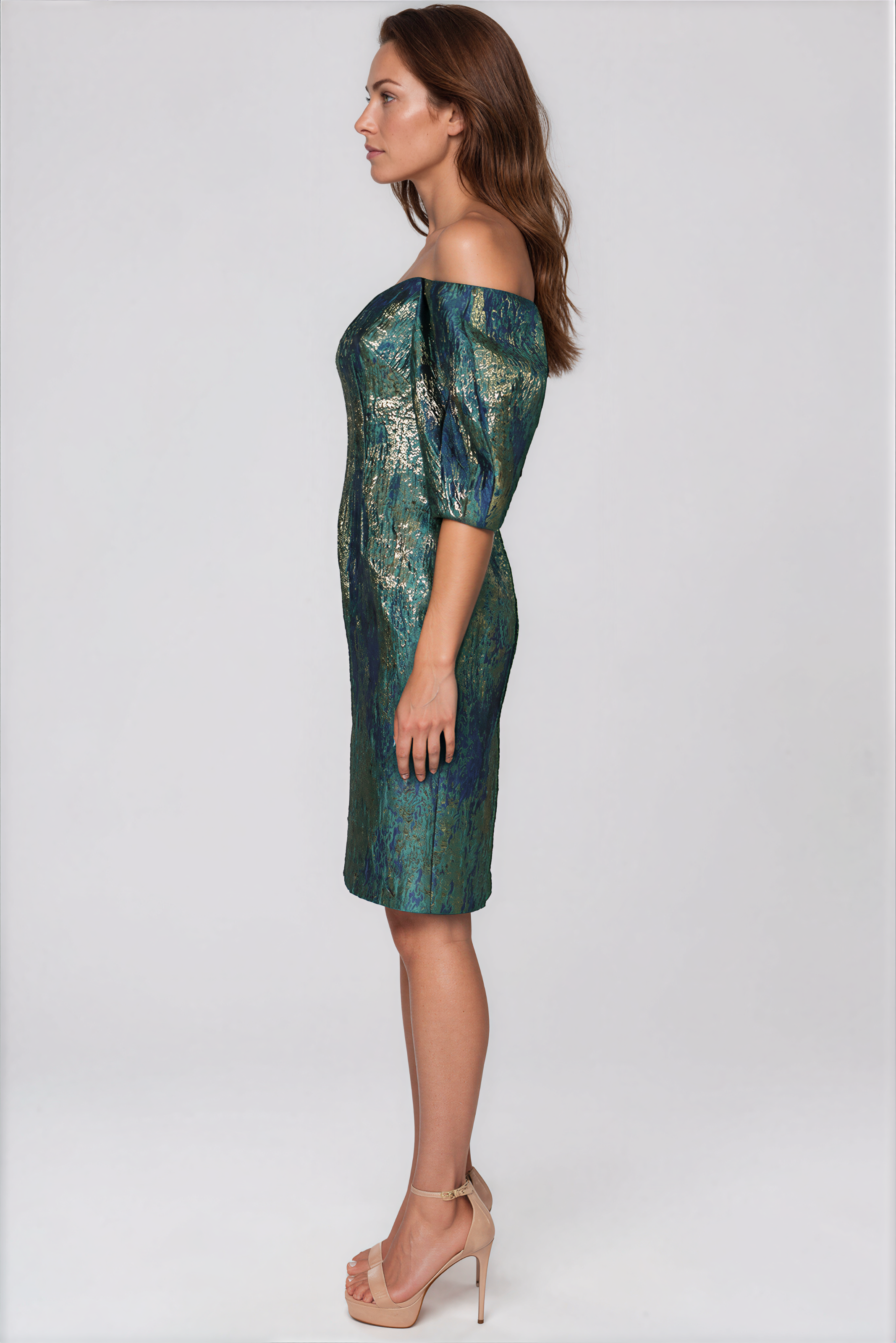 Off the Shoulder Puff Sleeve Brocade Cocktail Cocktail Rene Ruiz Collection