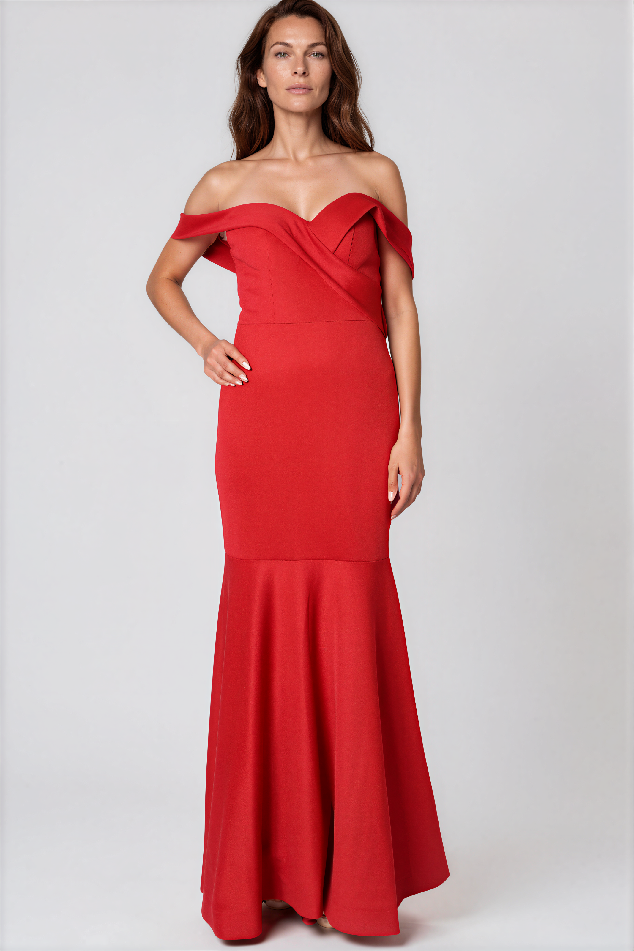 Off The Shoulder Sweetheart Neck Mermaid Crepe Gown Gown Rene Ruiz Collection 0 Berry