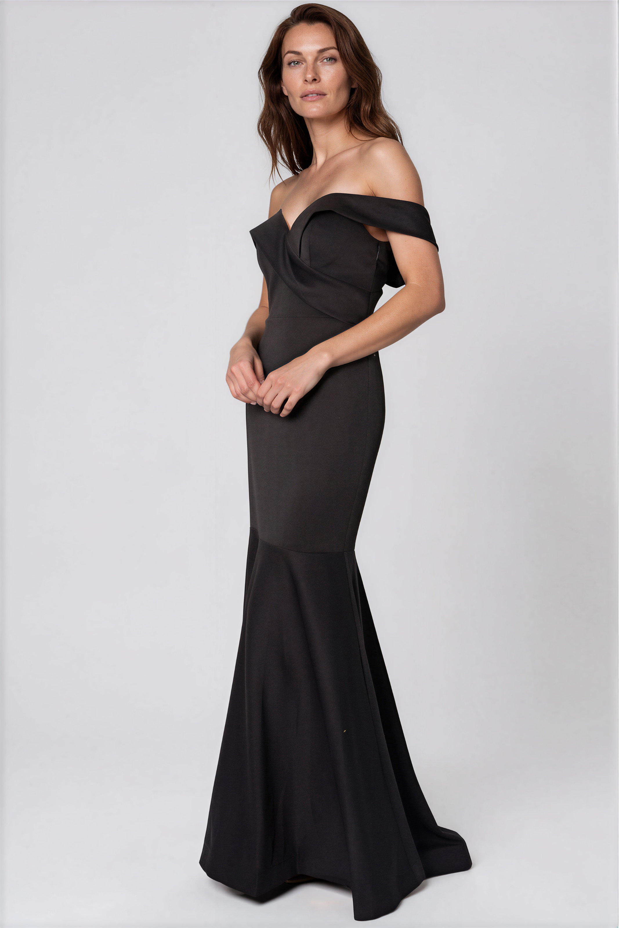 Off The Shoulder Sweetheart Neck Mermaid Crepe Gown Gown Rene Ruiz Collection