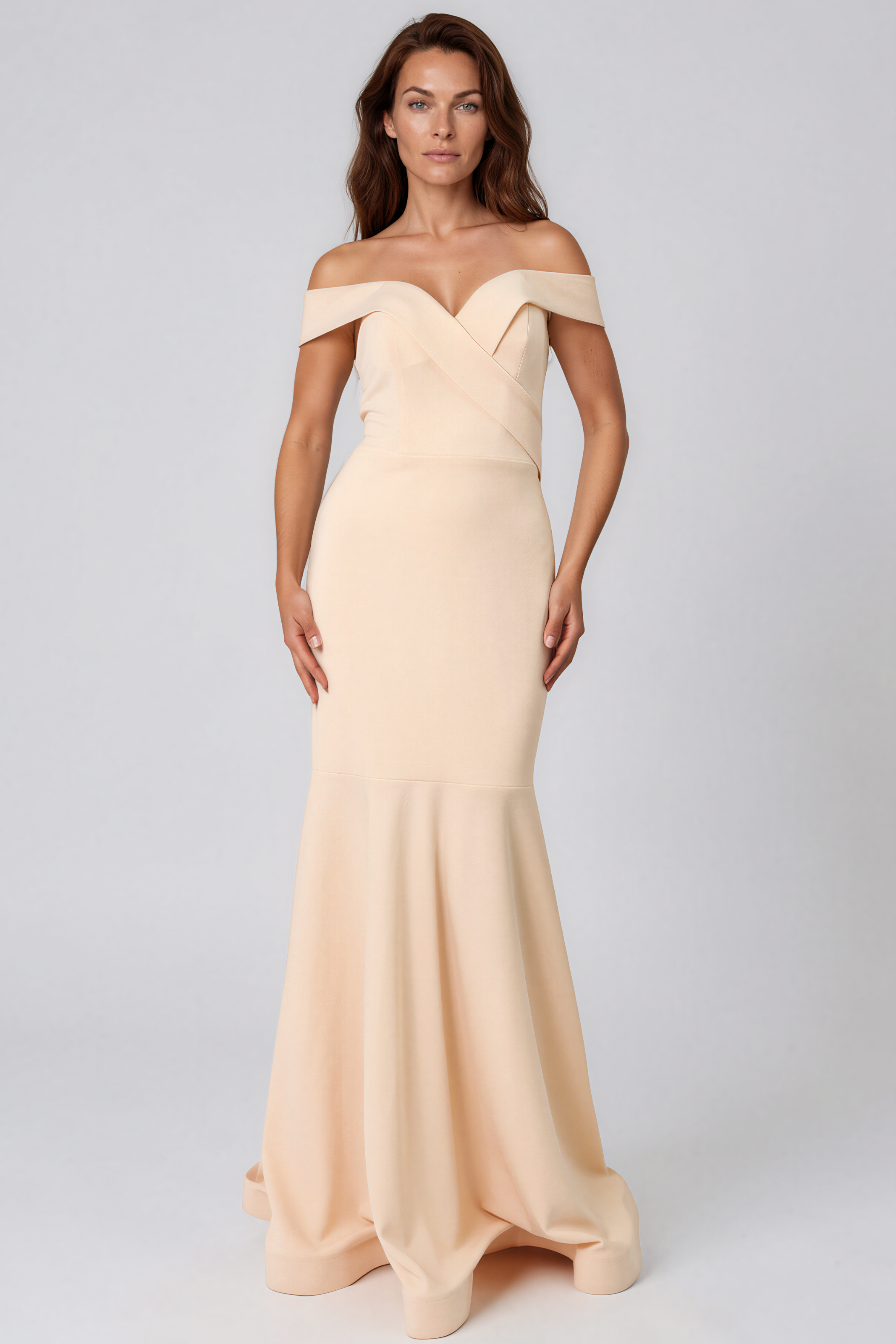 Off The Shoulder Sweetheart Neck Mermaid Crepe Gown Gown Rene Ruiz Collection 0 Champagne
