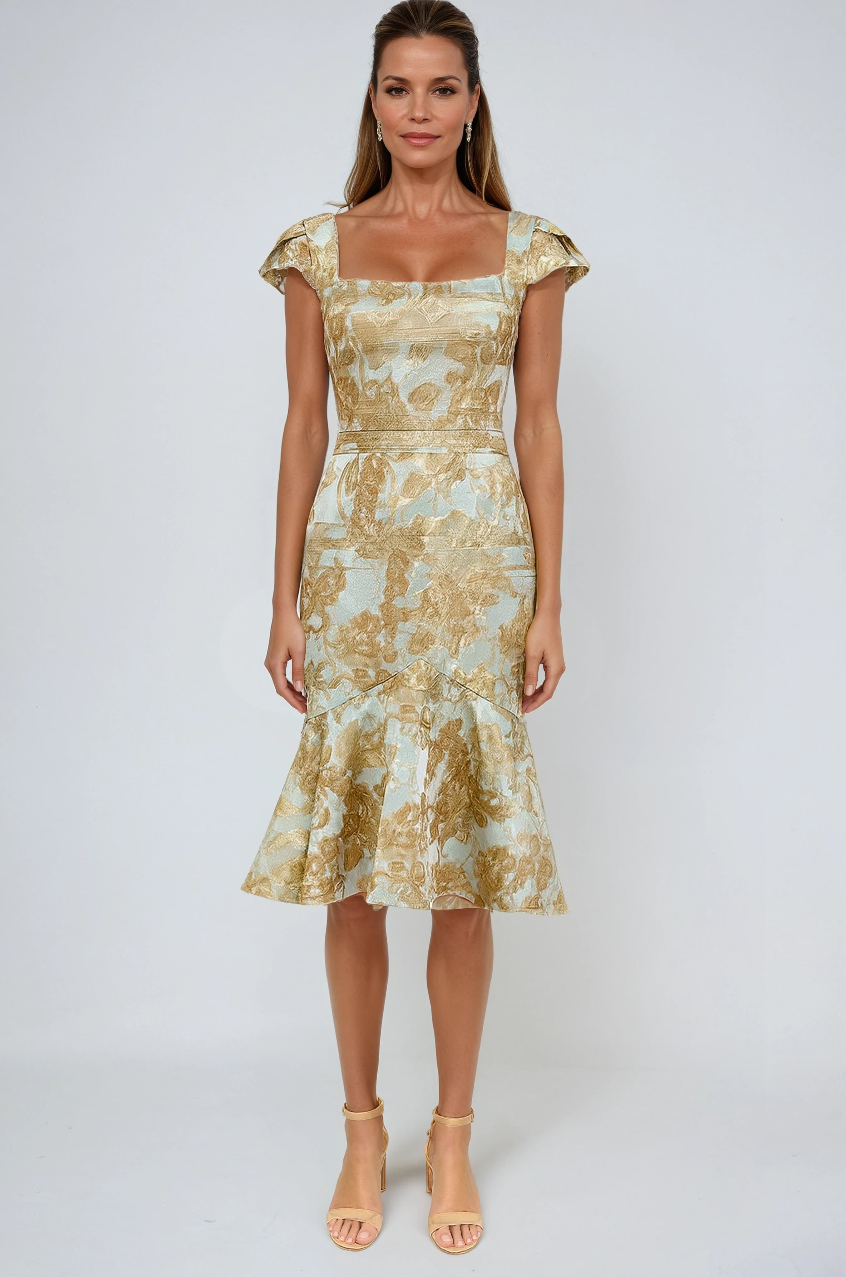 Jacquard Cap Sleeve Ruffle Hem Cocktail Cocktail Rene Ruiz Collection