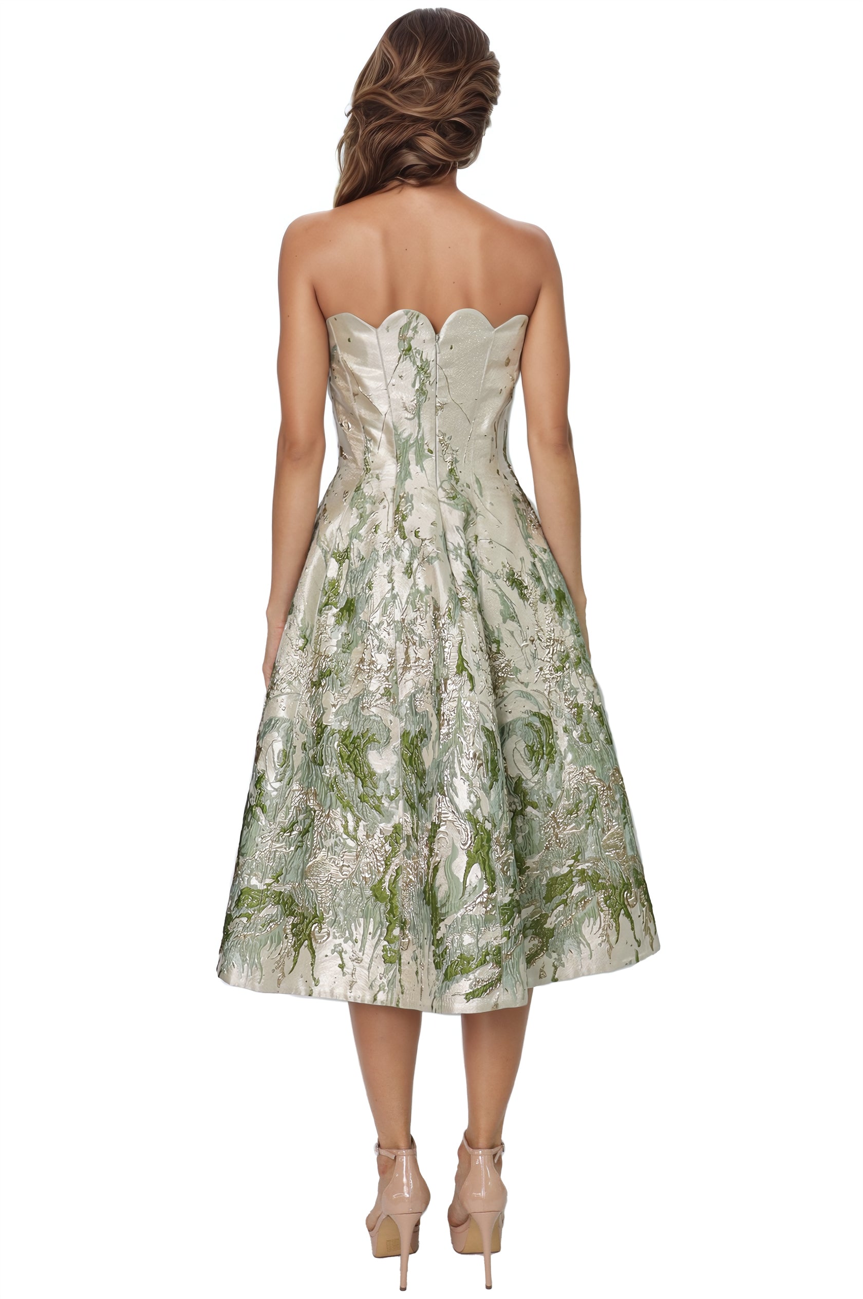 Strapless Scalloped Brocade Cocktail Midi Cocktail Rene Ruiz Collection
