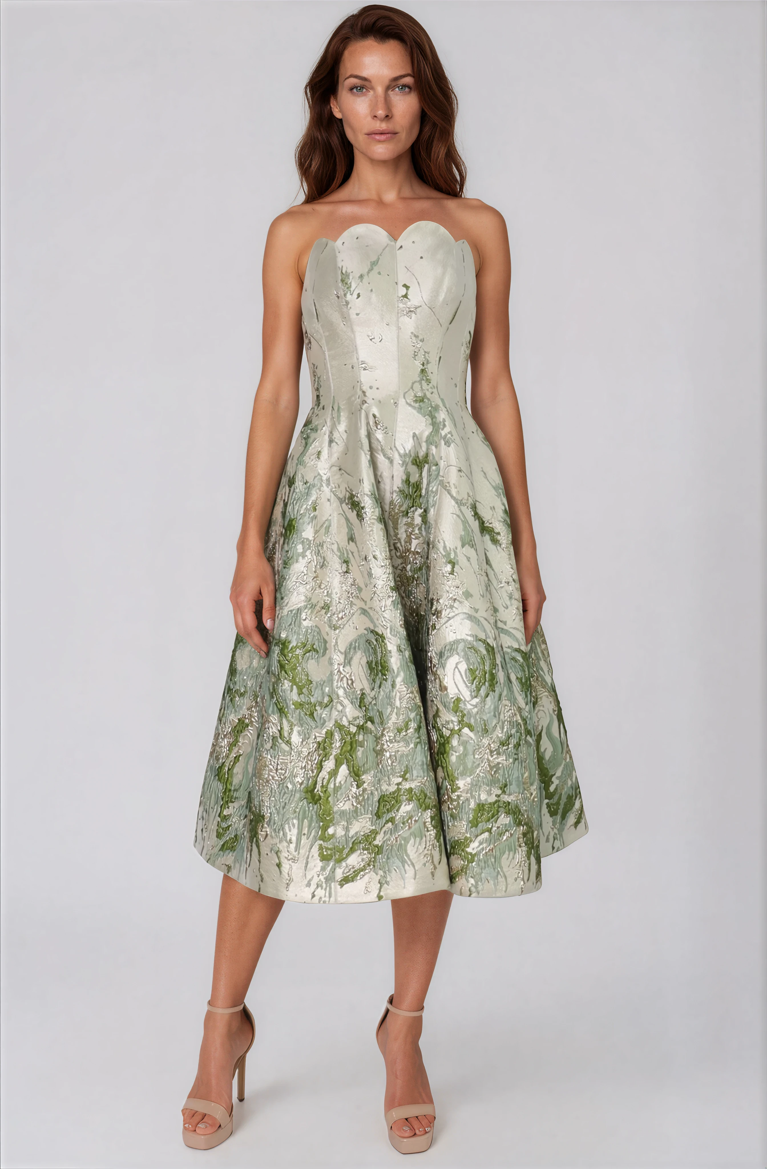 Strapless Scalloped Brocade Cocktail Midi Cocktail Rene Ruiz Collection