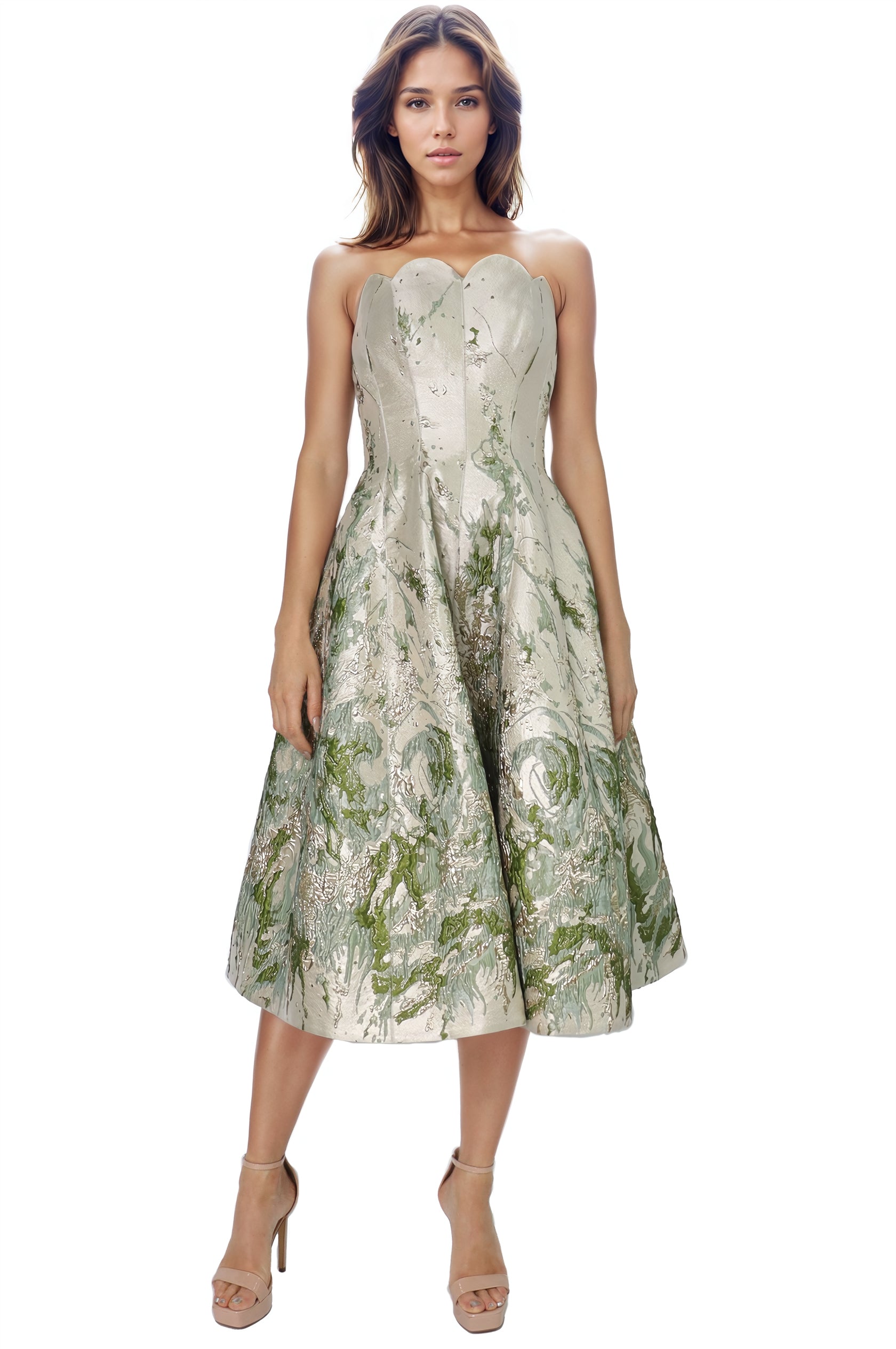 Strapless Scalloped Brocade Cocktail Midi Cocktail Rene Ruiz Collection
