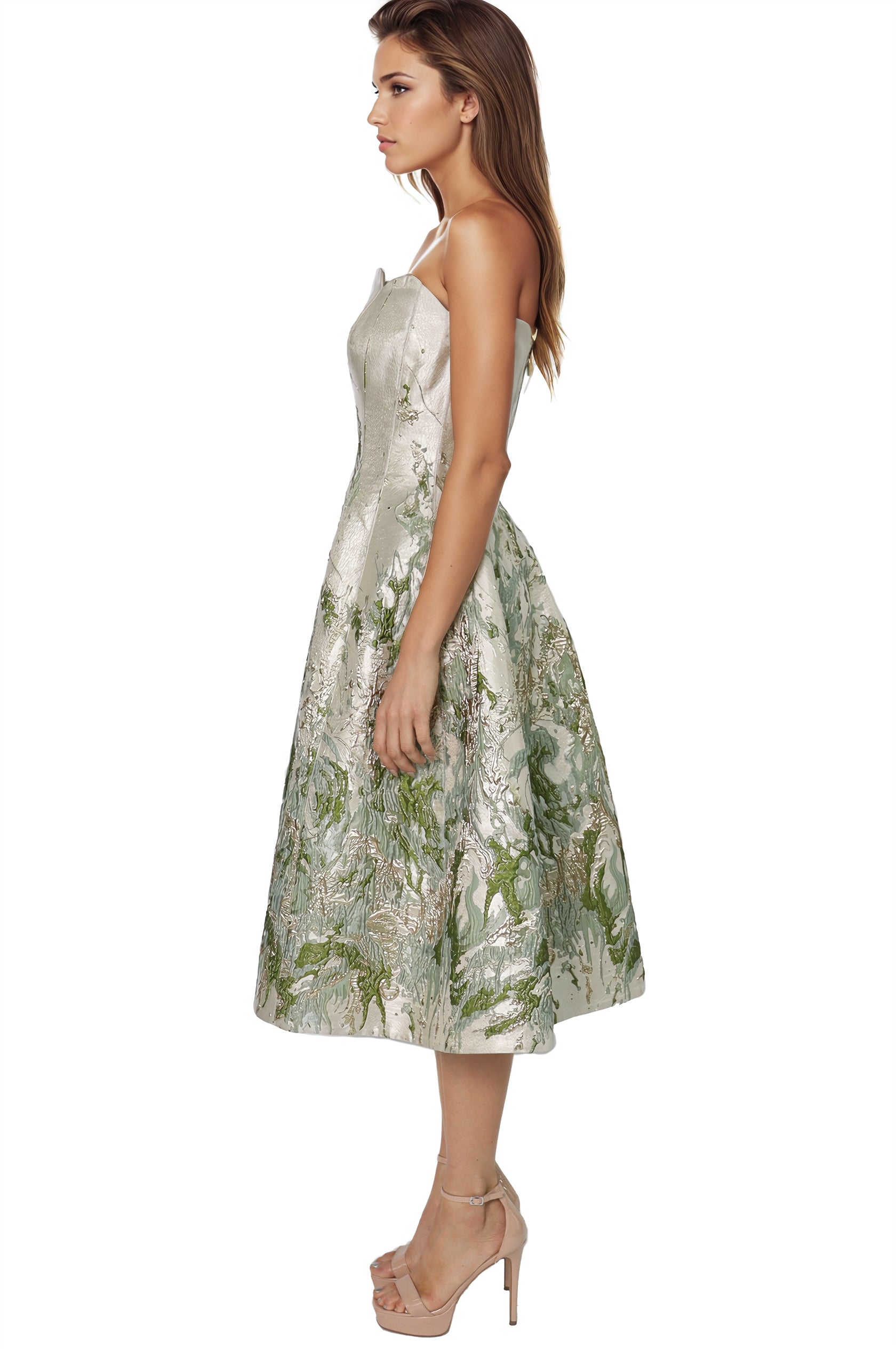 Strapless Scalloped Brocade Cocktail Midi Cocktail Rene Ruiz Collection