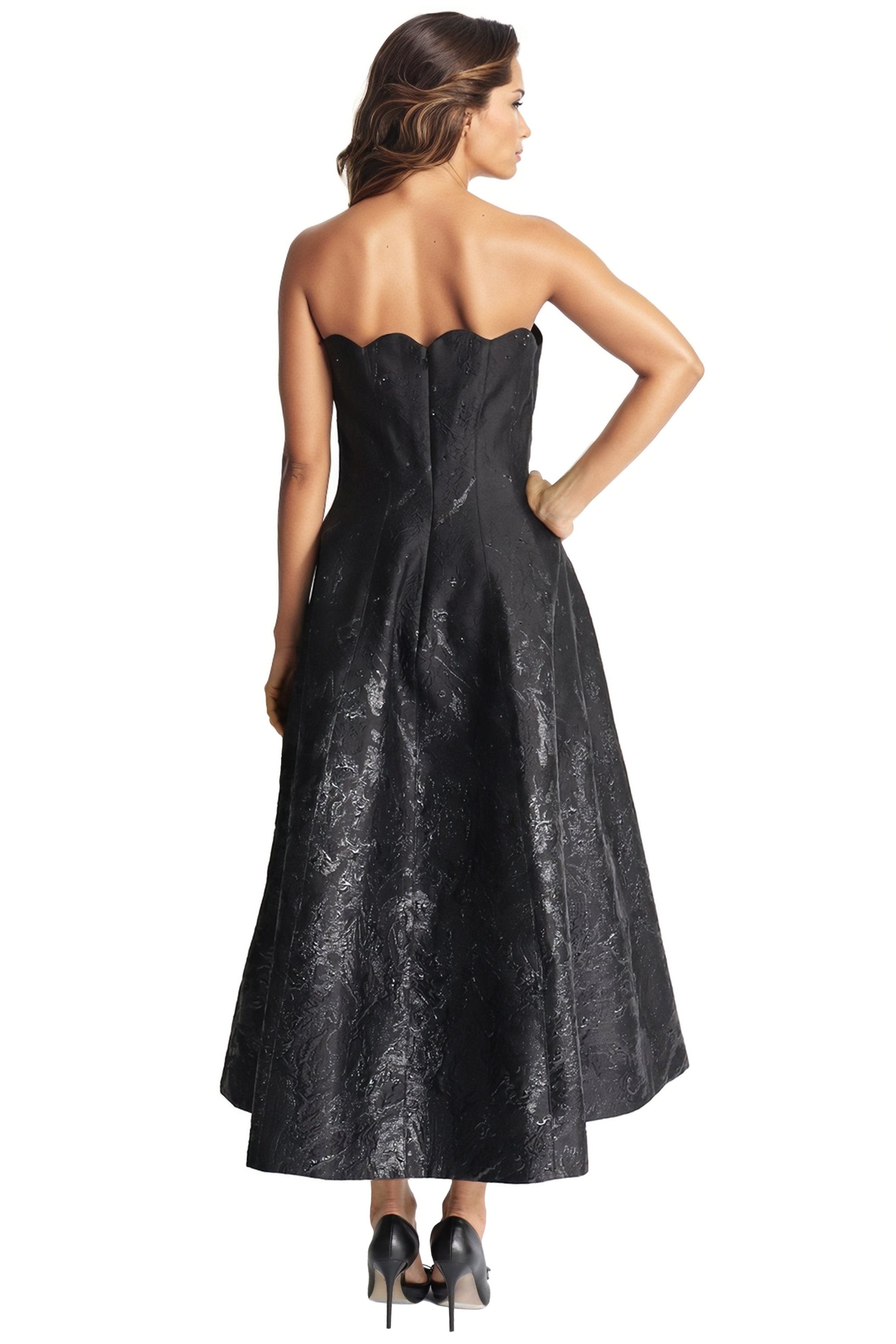 Strapless Scalloped Brocade Cocktail Midi Cocktail Rene Ruiz Collection