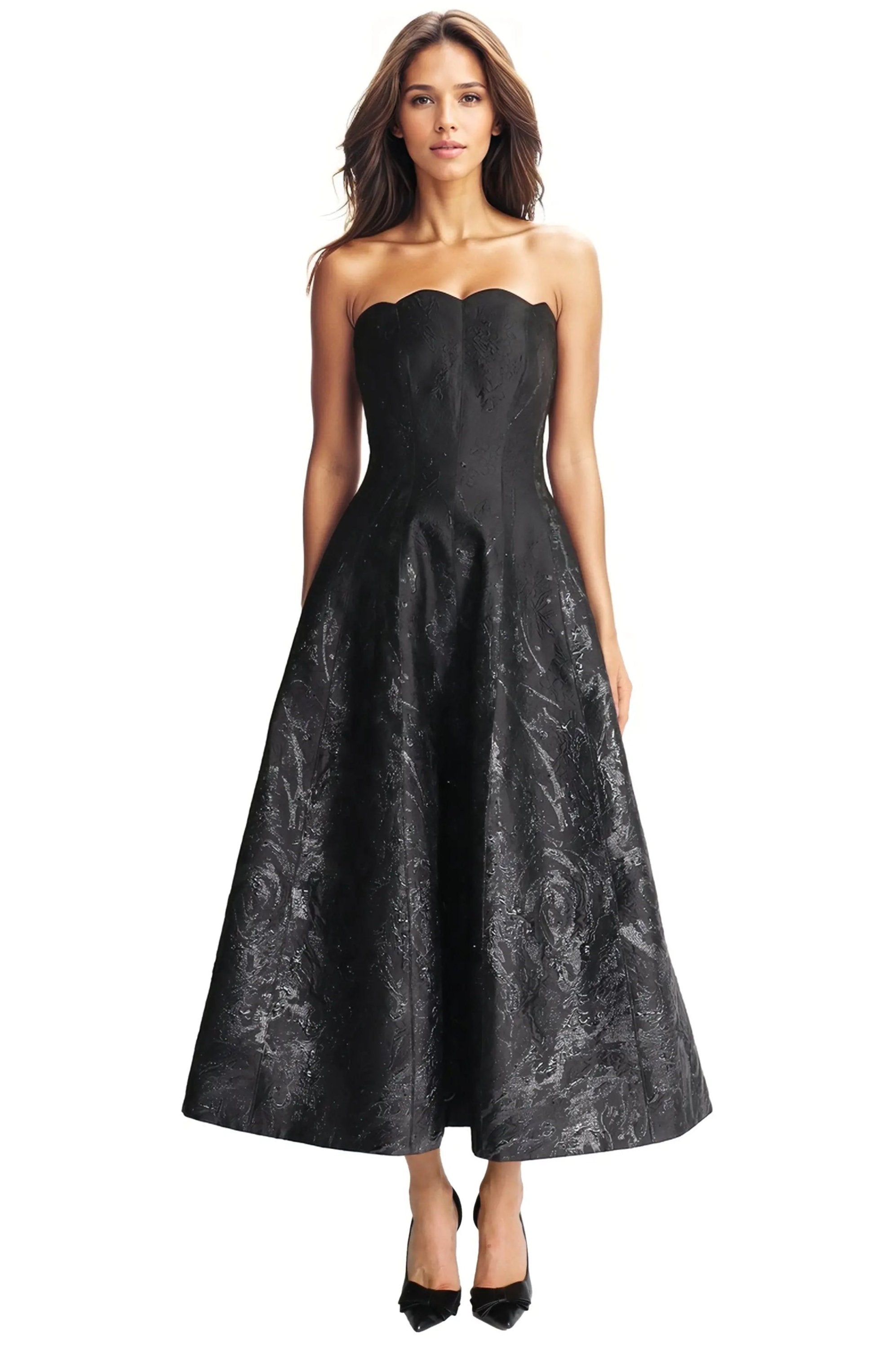 Strapless Scalloped Brocade Cocktail Midi Cocktail Rene Ruiz Collection