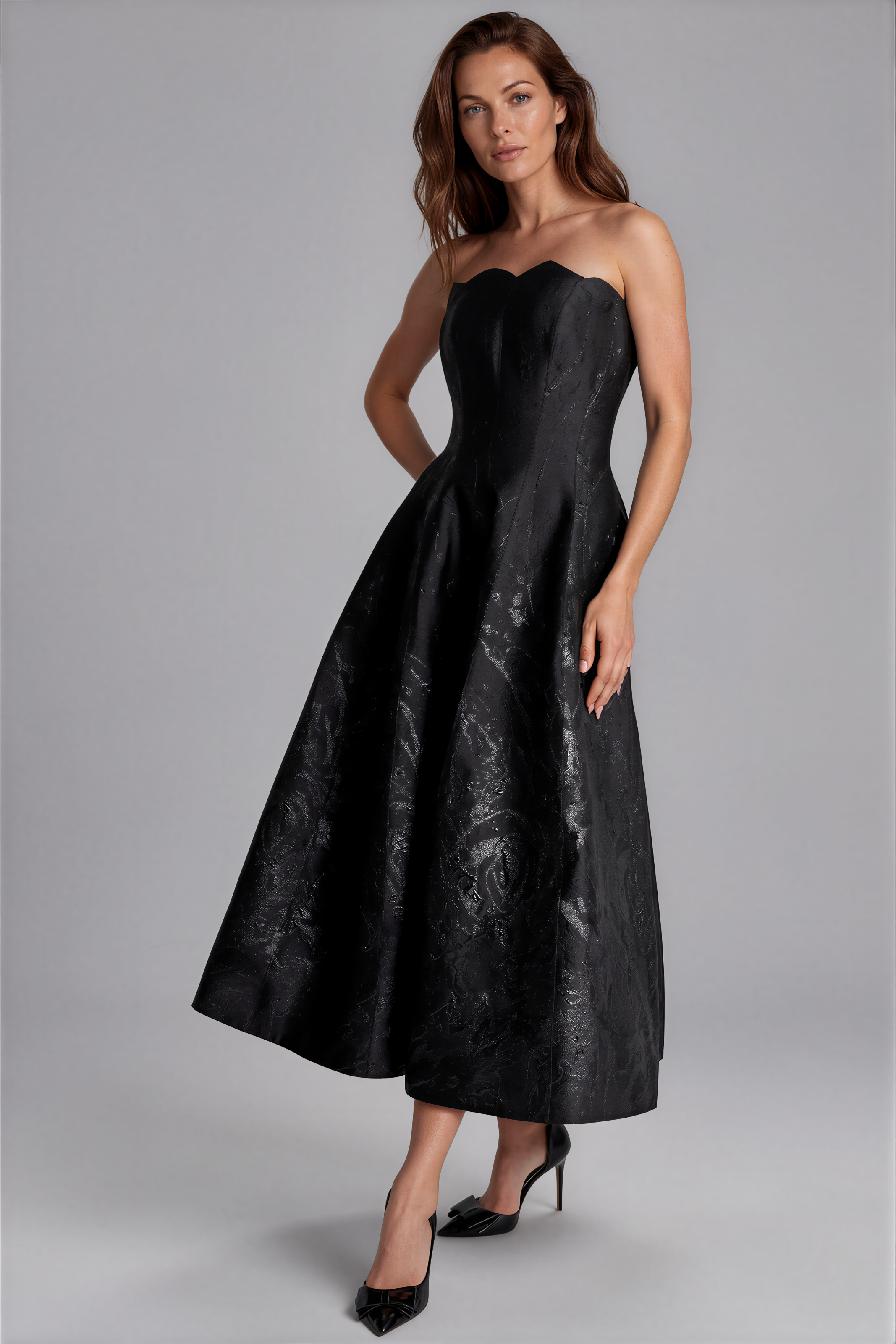 Strapless Scalloped Brocade Cocktail Midi Cocktail Rene Ruiz Collection